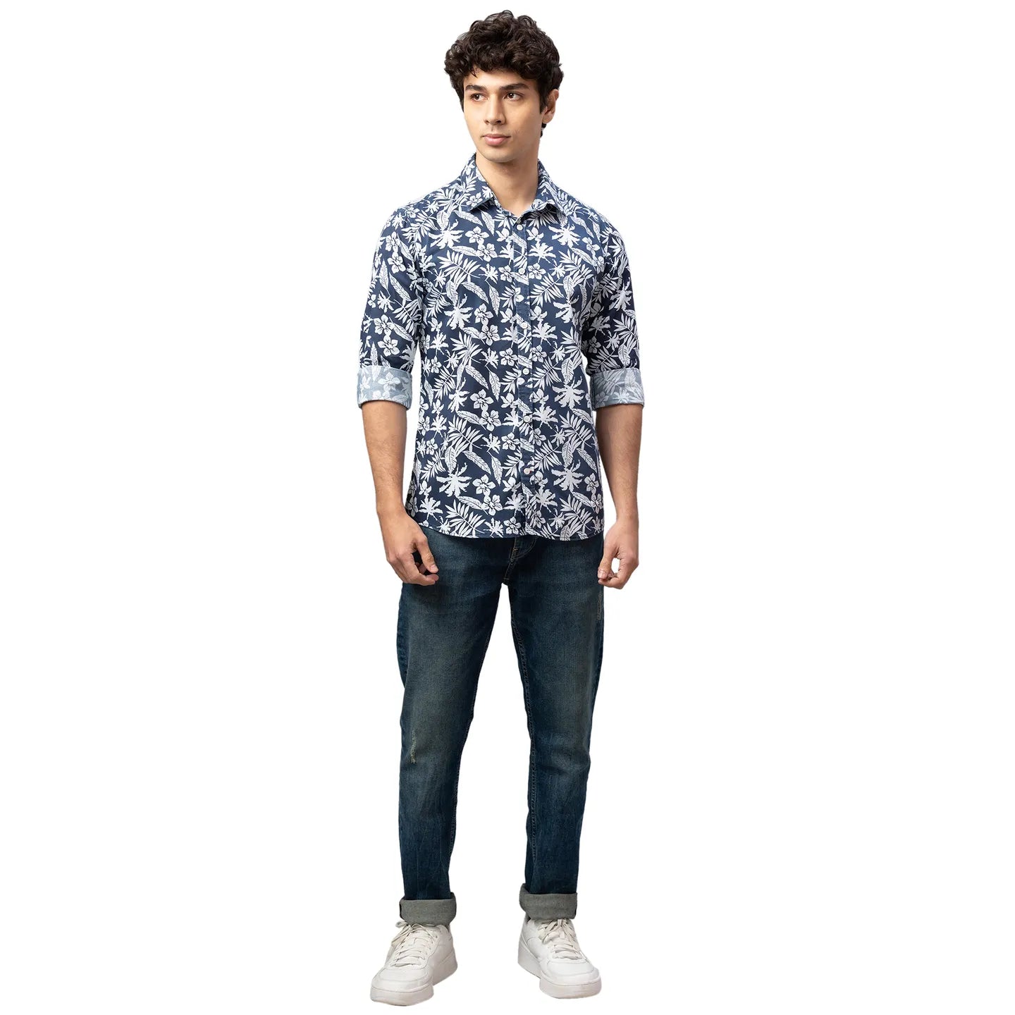 Men Slim Fit Collared Shirts-Navy by Being Human Clothing