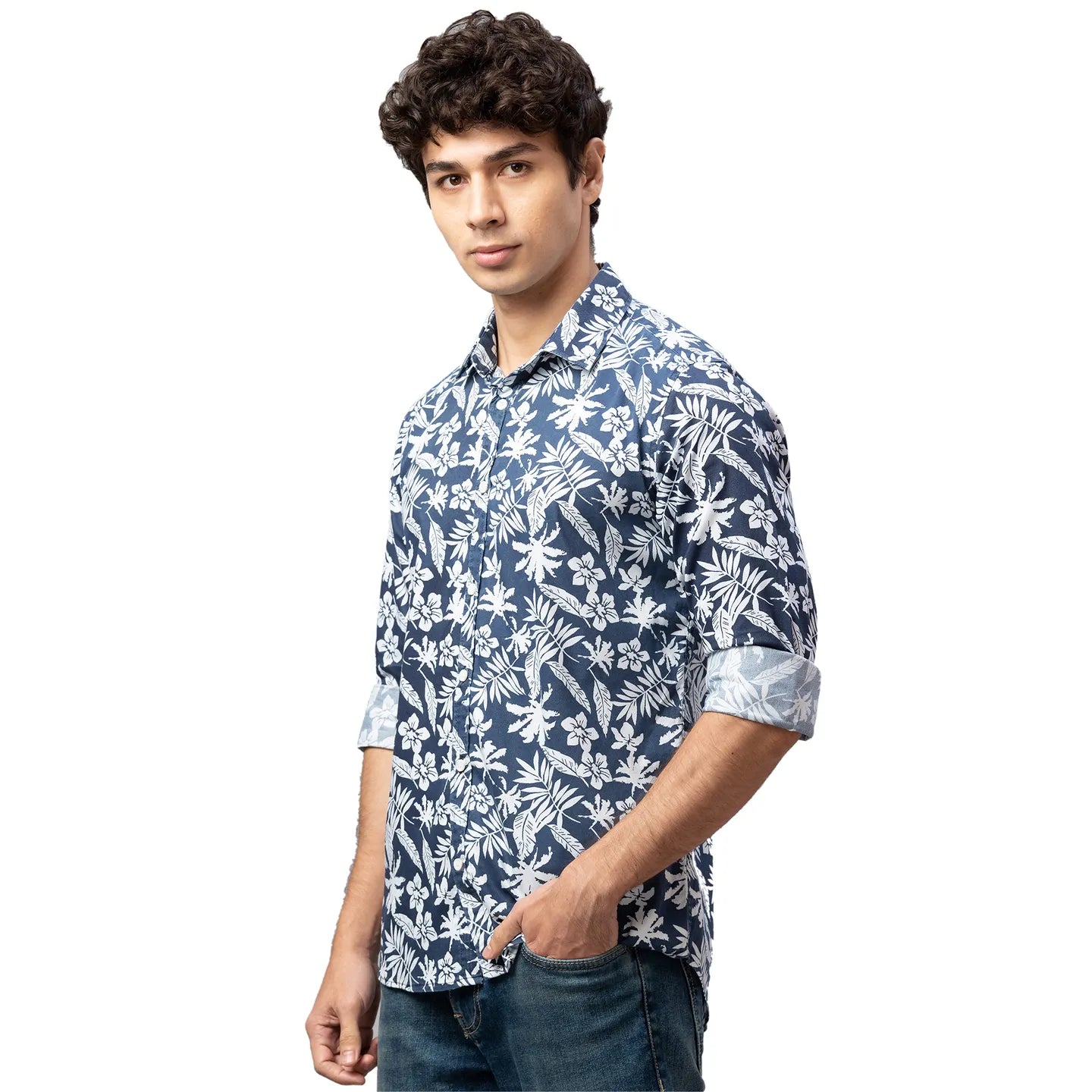 Men Slim Fit Collared Shirts-Navy by Being Human Clothing