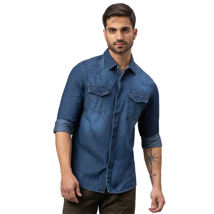 Blue Slim Straight Fit Regular Collar Long Sleeves Cotton Men's Shirt by Being Human Clothing