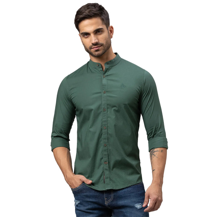Green Skinny Straight Fit Mandarin Collar Long Sleeves Cotton Men's Shirt by Being Human Clothing