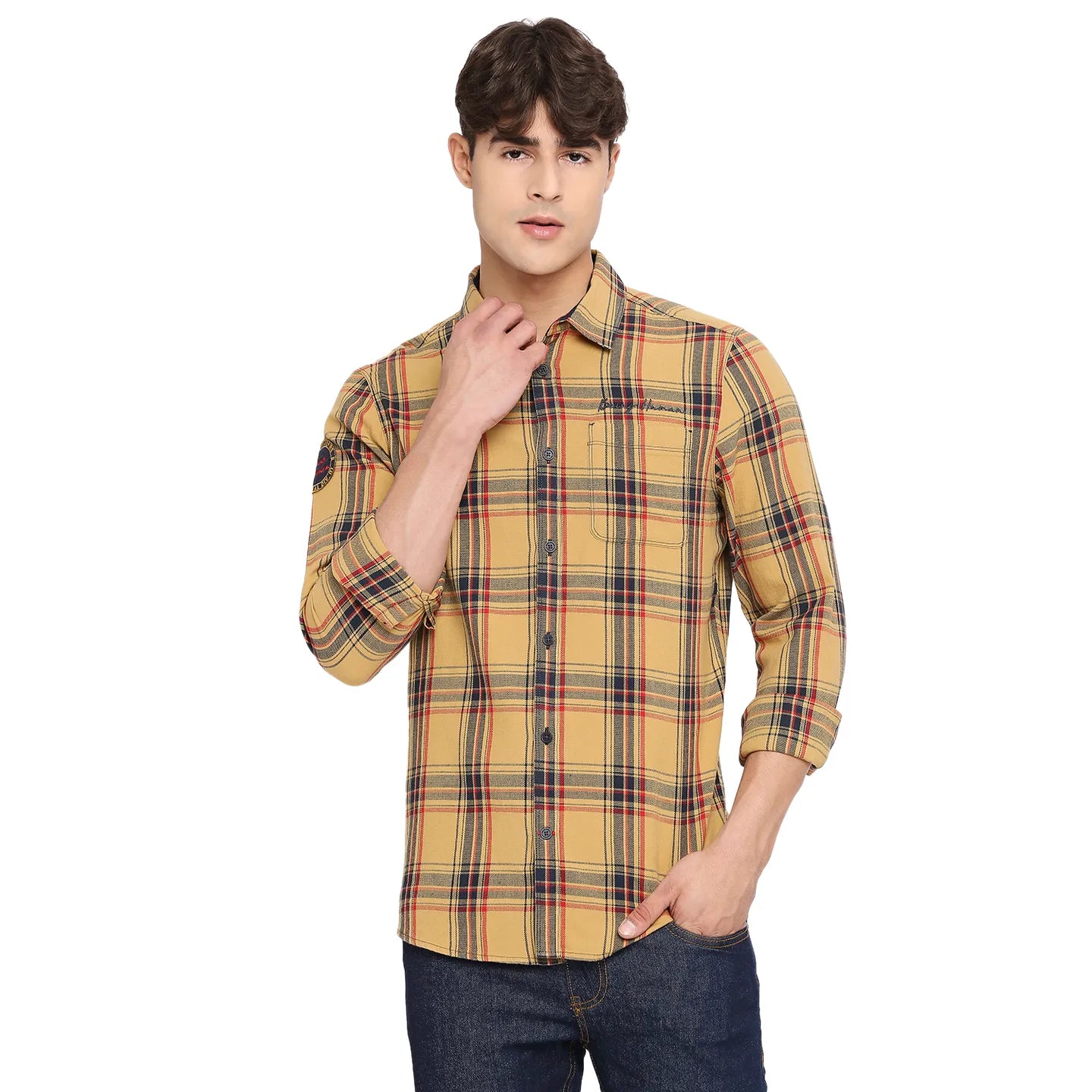 Yellow Slim Straight Fit Regular Collar Long Sleeves Cotton Men's Shirt by Being Human Clothing