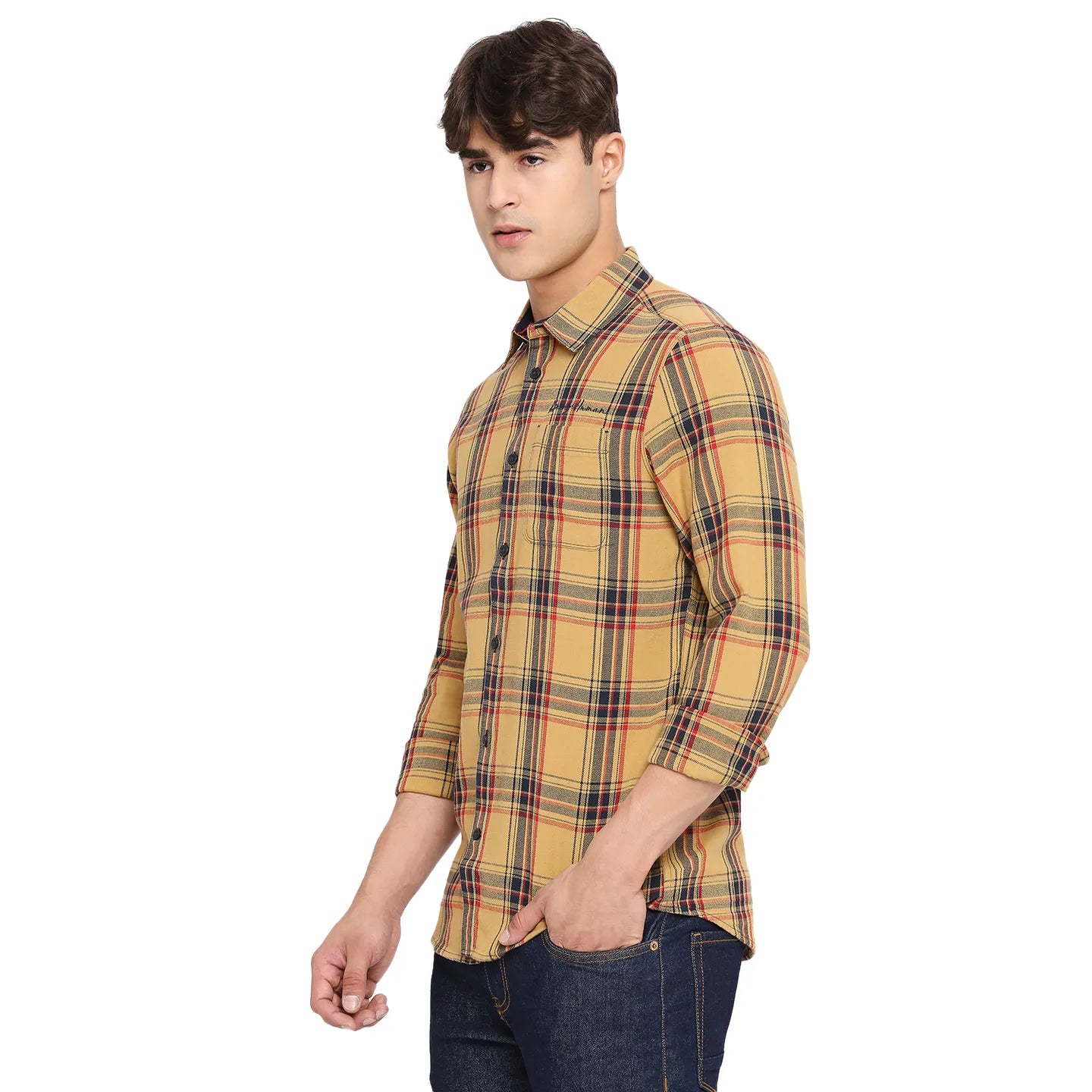 Yellow Slim Straight Fit Regular Collar Long Sleeves Cotton Men's Shirt by Being Human Clothing