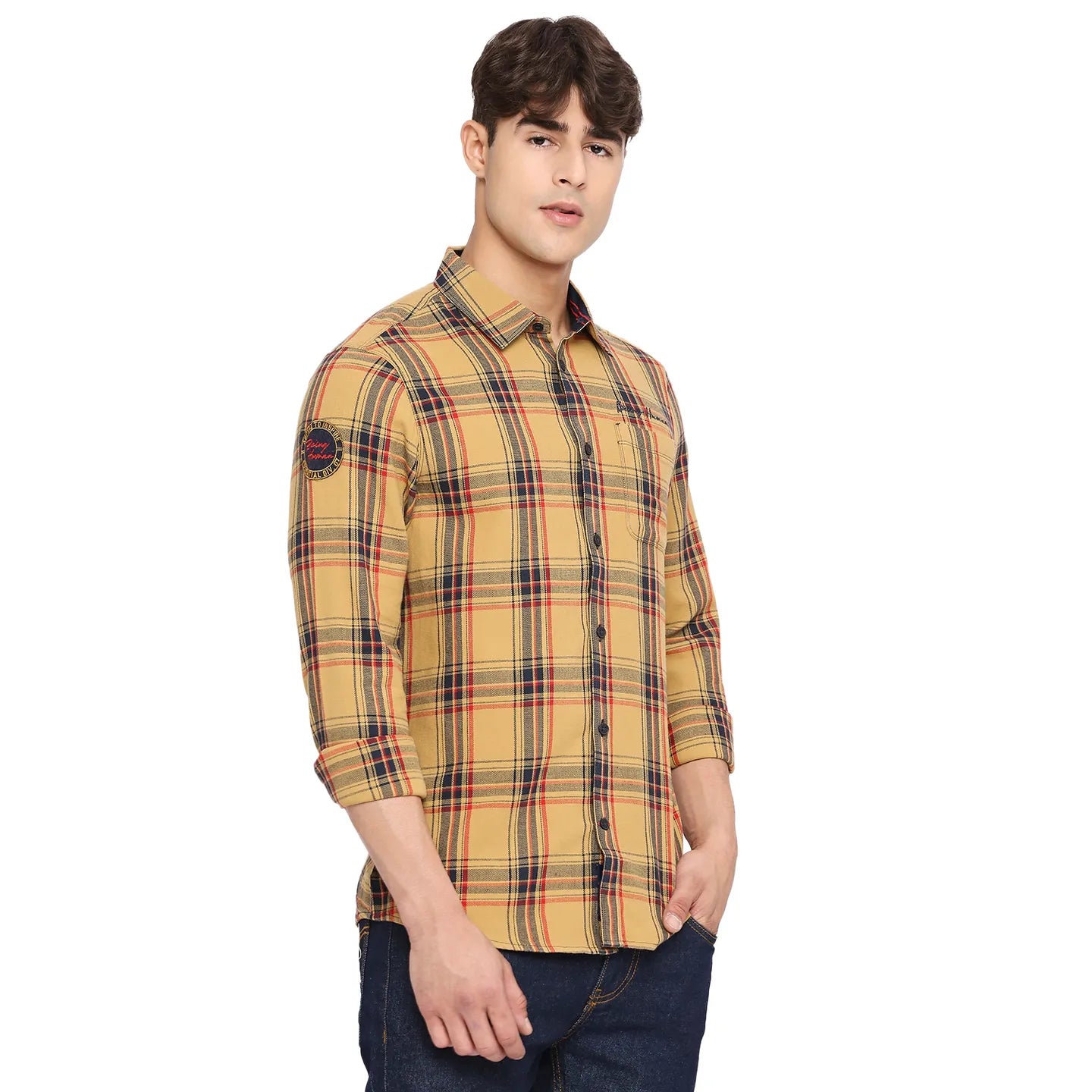 Yellow Slim Straight Fit Regular Collar Long Sleeves Cotton Men's Shirt by Being Human Clothing