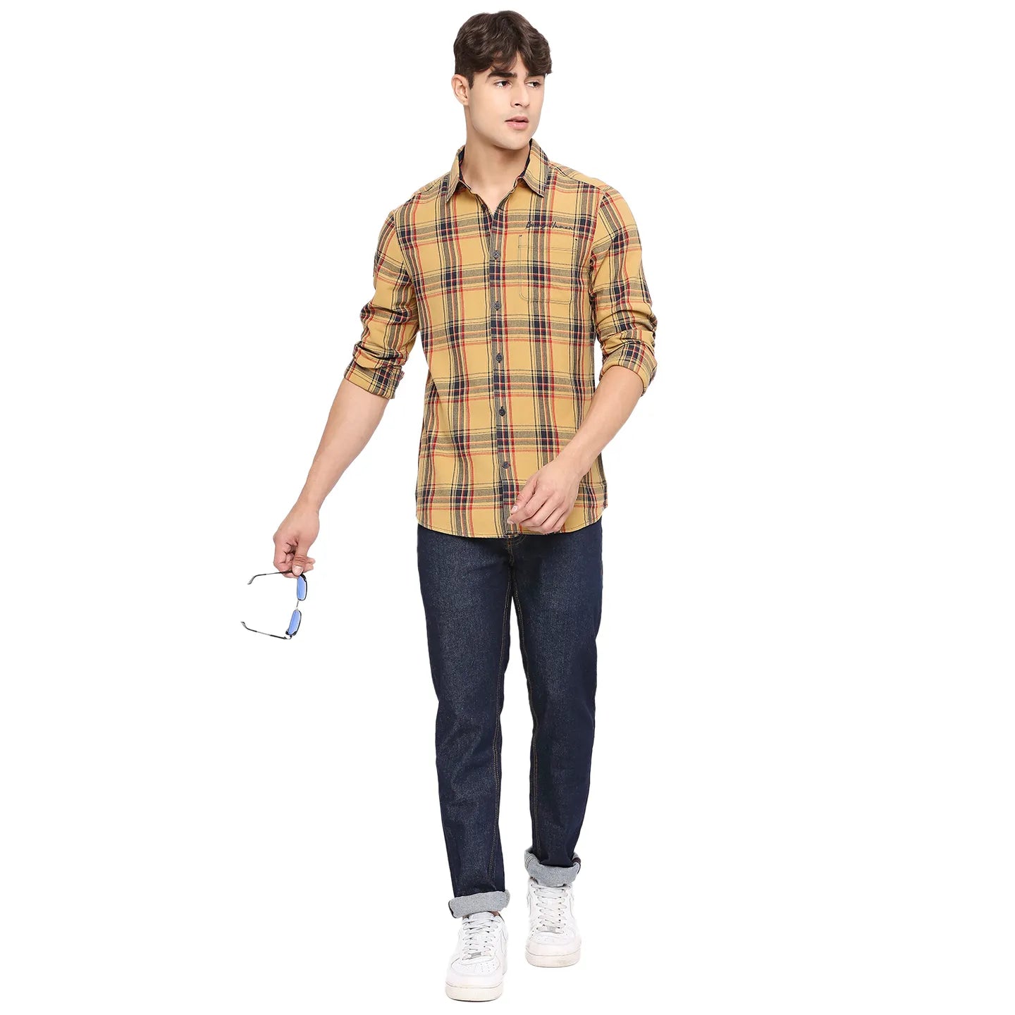 Yellow Slim Straight Fit Regular Collar Long Sleeves Cotton Men's Shirt by Being Human Clothing