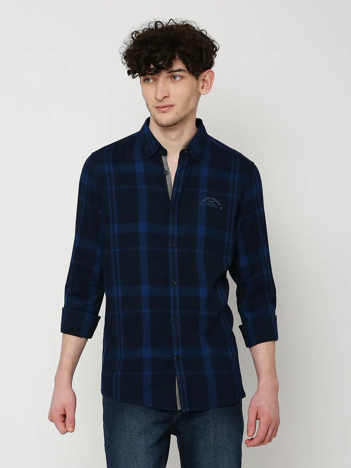 Blue Slim Fit Regular Collar Men's Shirt by Being Human Clothing