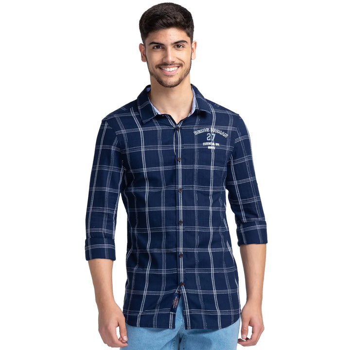 Blue Slim Straight Fit Regular Collar Long Sleeves Cotton Men's Shirt by Being Human Clothing