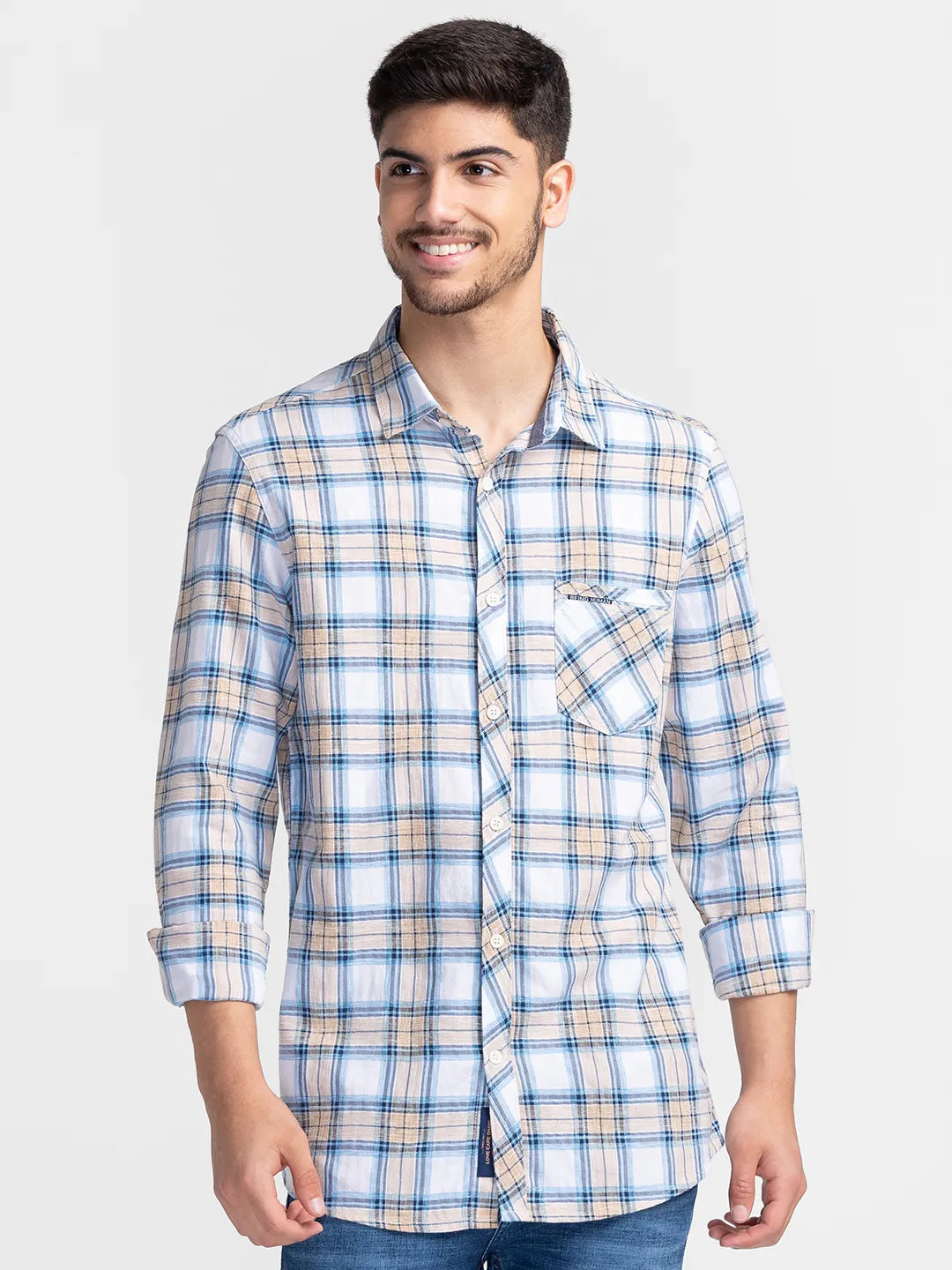 Beige Slim Fit Regular Collar Men's Shirt by Being Human Clothing