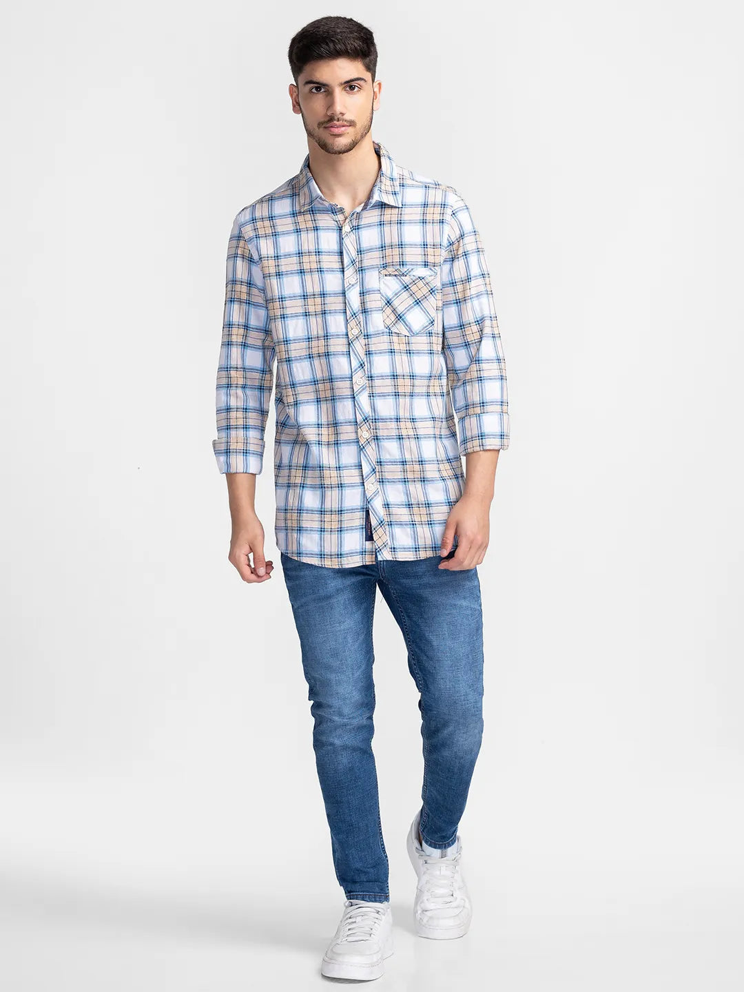 Beige Slim Fit Regular Collar Men's Shirt by Being Human Clothing