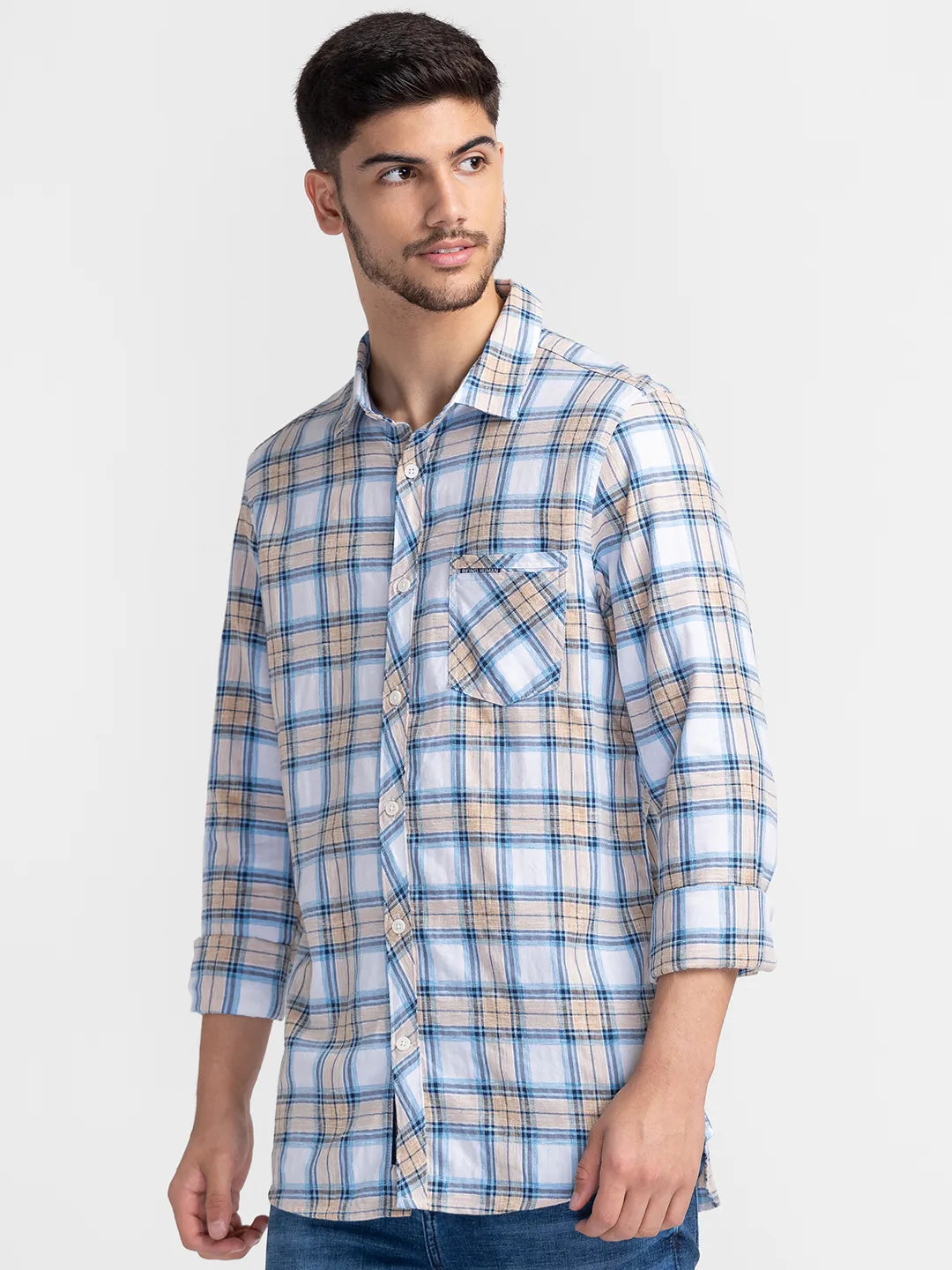 Beige Slim Fit Regular Collar Men's Shirt by Being Human Clothing