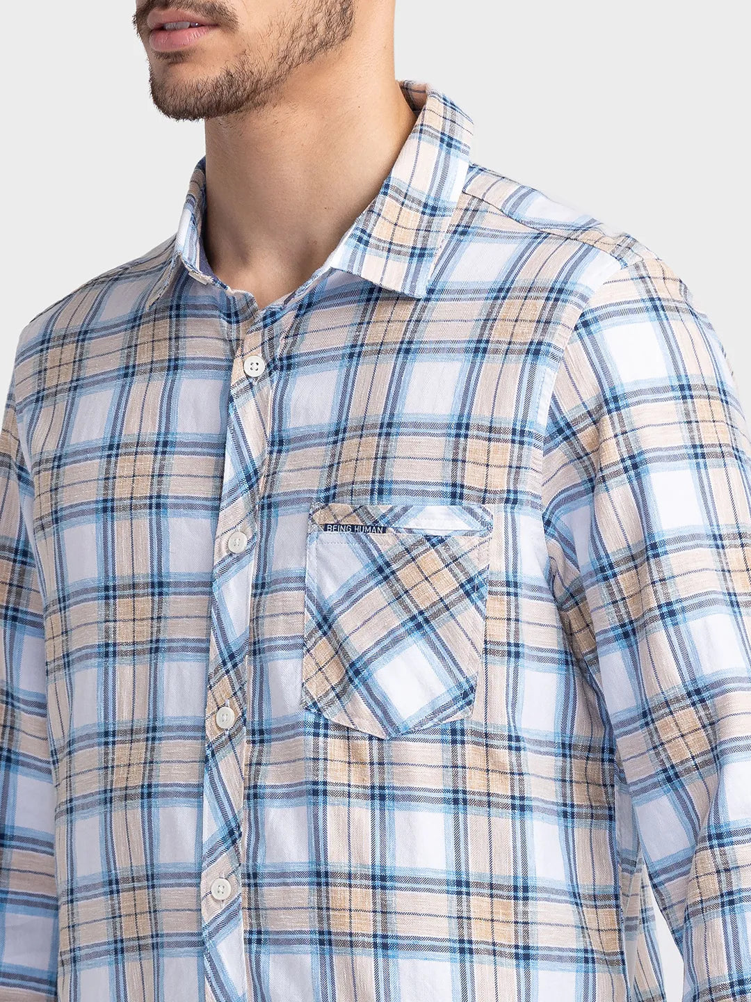 Beige Slim Fit Regular Collar Men's Shirt by Being Human Clothing