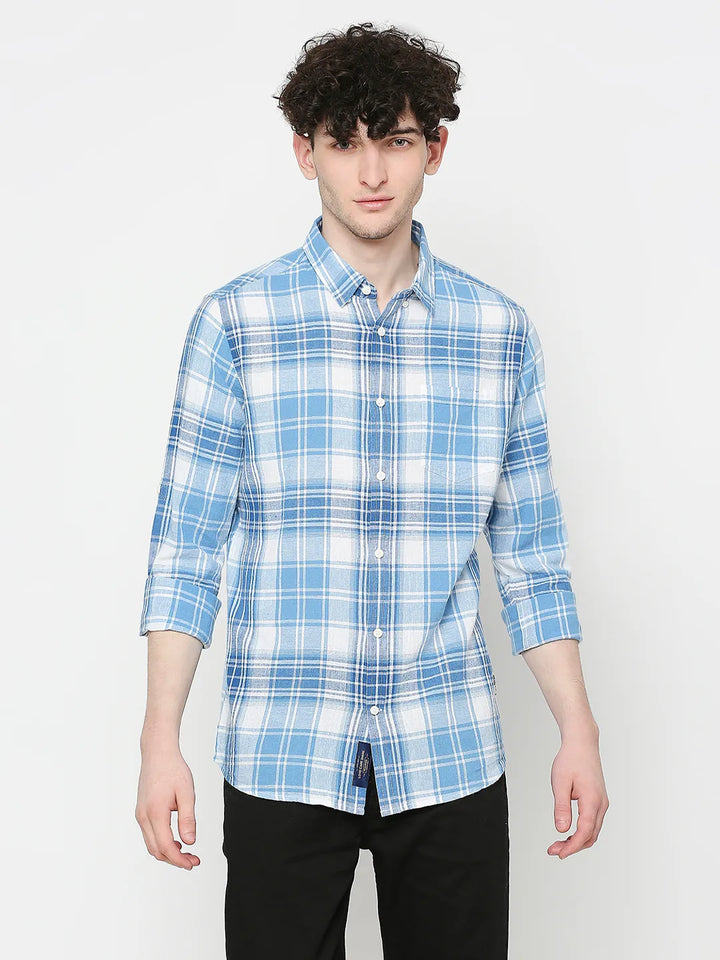 Blue Slim Straight Fit Regular Collar Long Sleeves Tencil Men's Shirt by Being Human Clothing