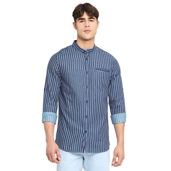 Blue Slim Straight Fit Regular Collar Long Sleeves Cotton Men's Shirt by Being Human Clothing
