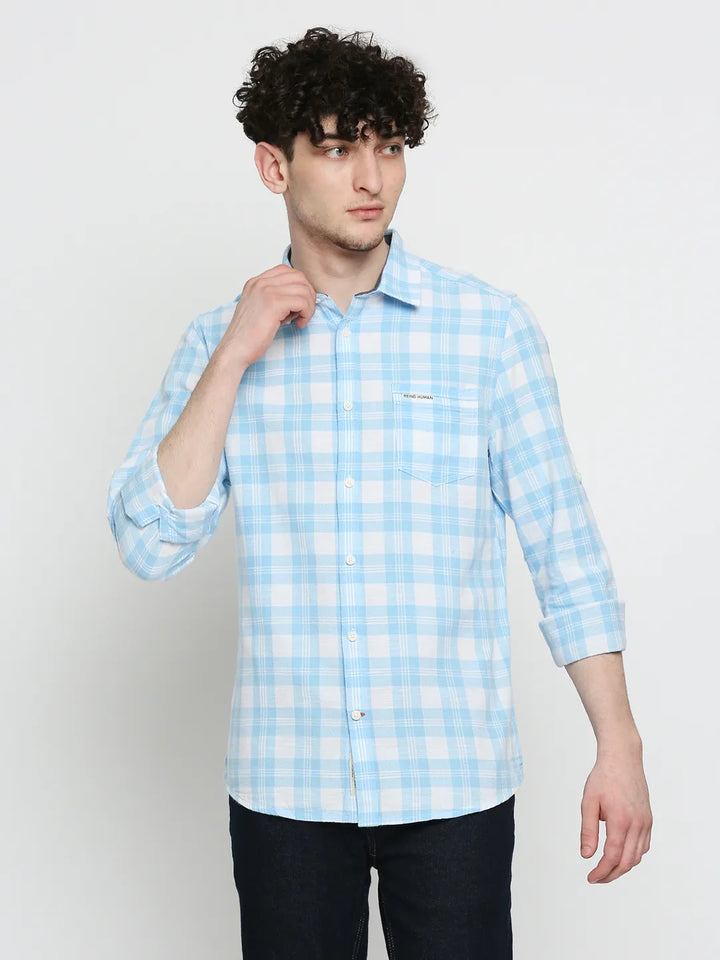 Blue Slim Straight Fit Regular Collar Long Sleeves Cotton Men's Shirt by Being Human Clothing