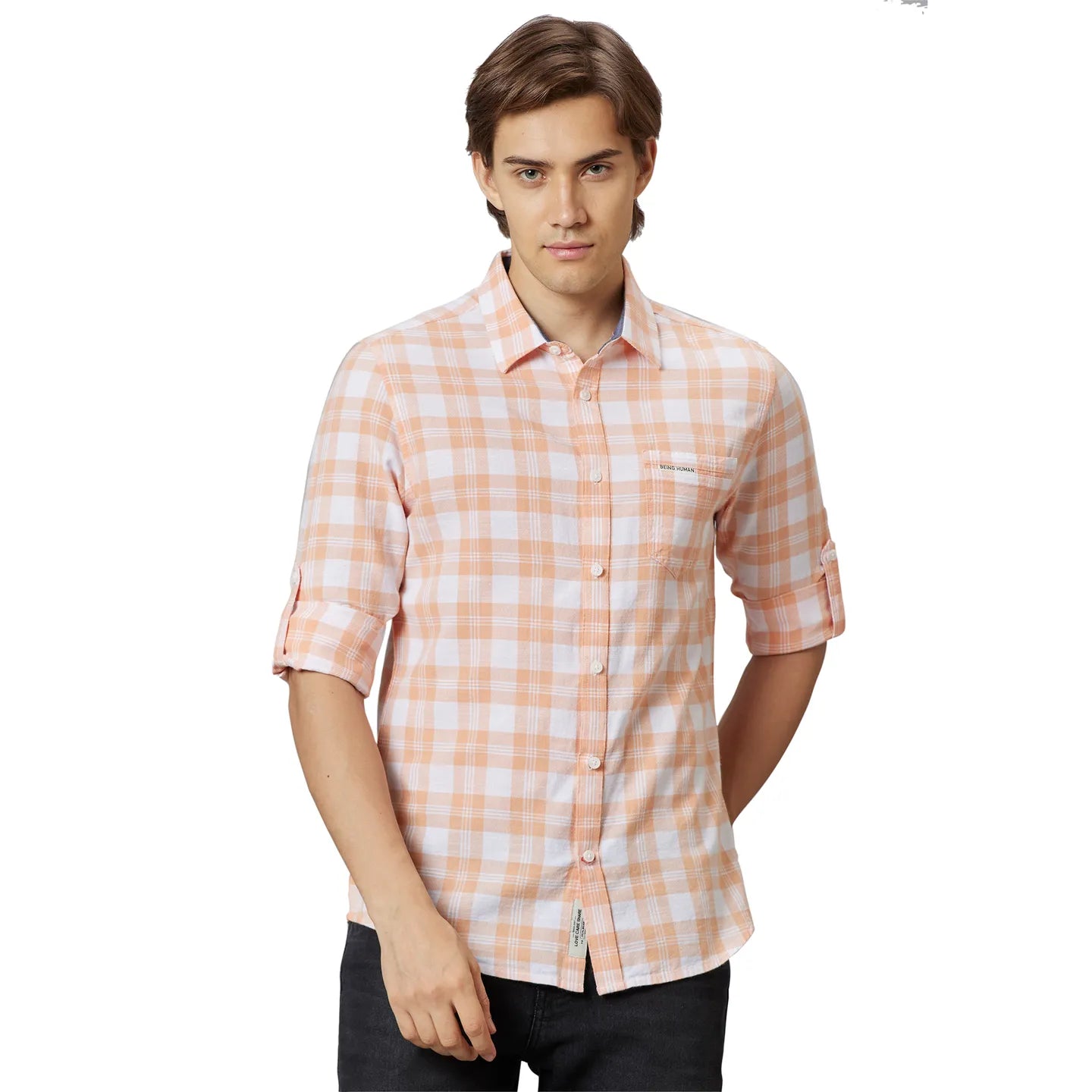 Orange Slim Straight Fit Regular Collar Long Sleeves Cotton Men's Shirt by Being Human Clothing