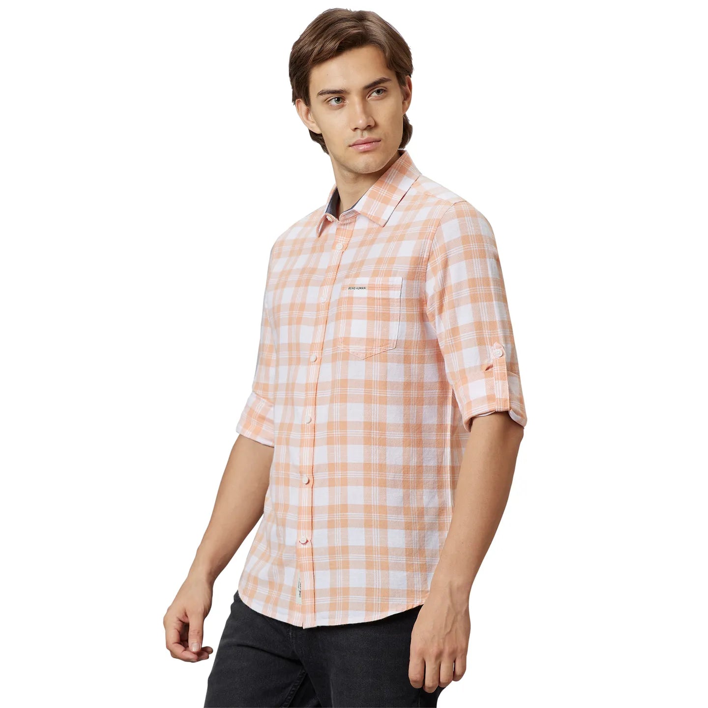 Orange Slim Straight Fit Regular Collar Long Sleeves Cotton Men's Shirt by Being Human Clothing