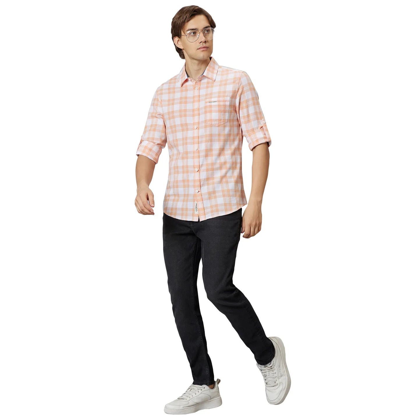 Orange Slim Straight Fit Regular Collar Long Sleeves Cotton Men's Shirt by Being Human Clothing