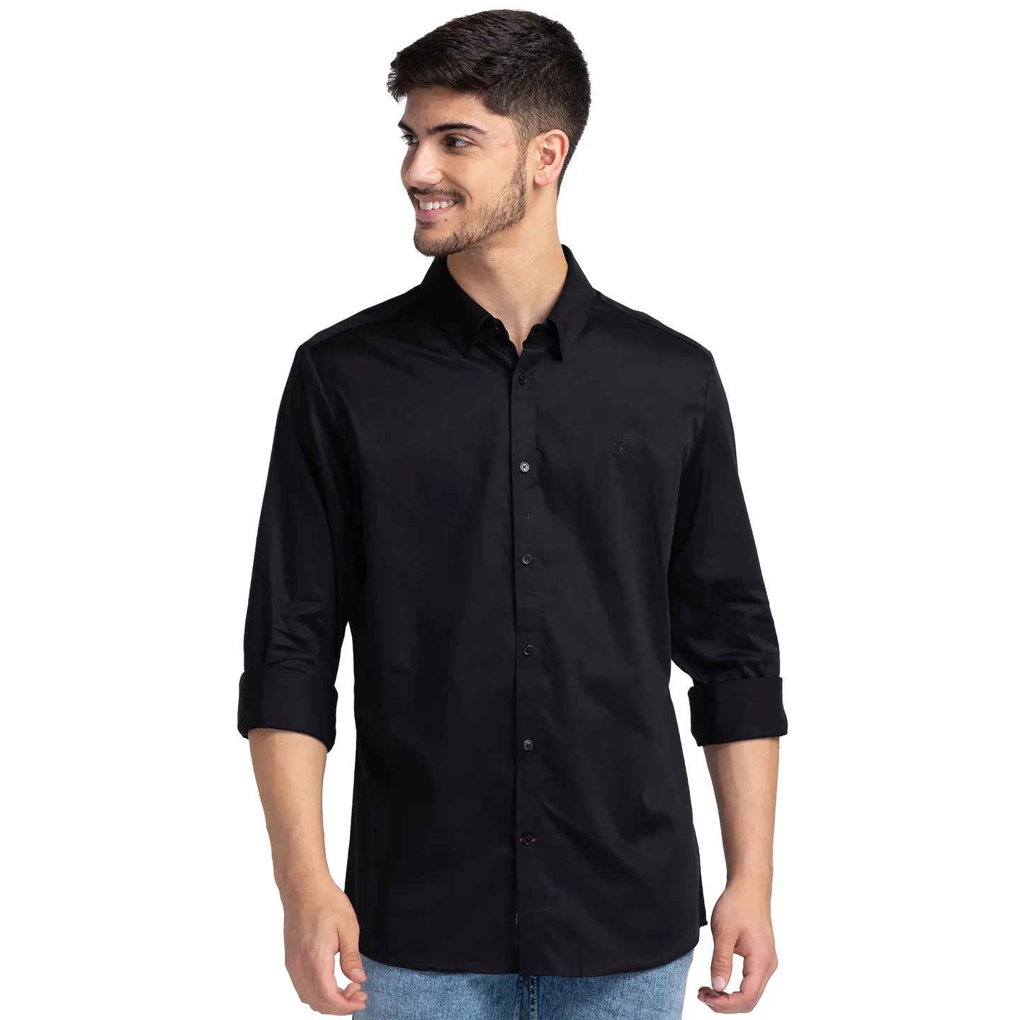 Black Slim Straight Fit Regular Collar Long Sleeves Cotton Men's Shirt by Being Human Clothing