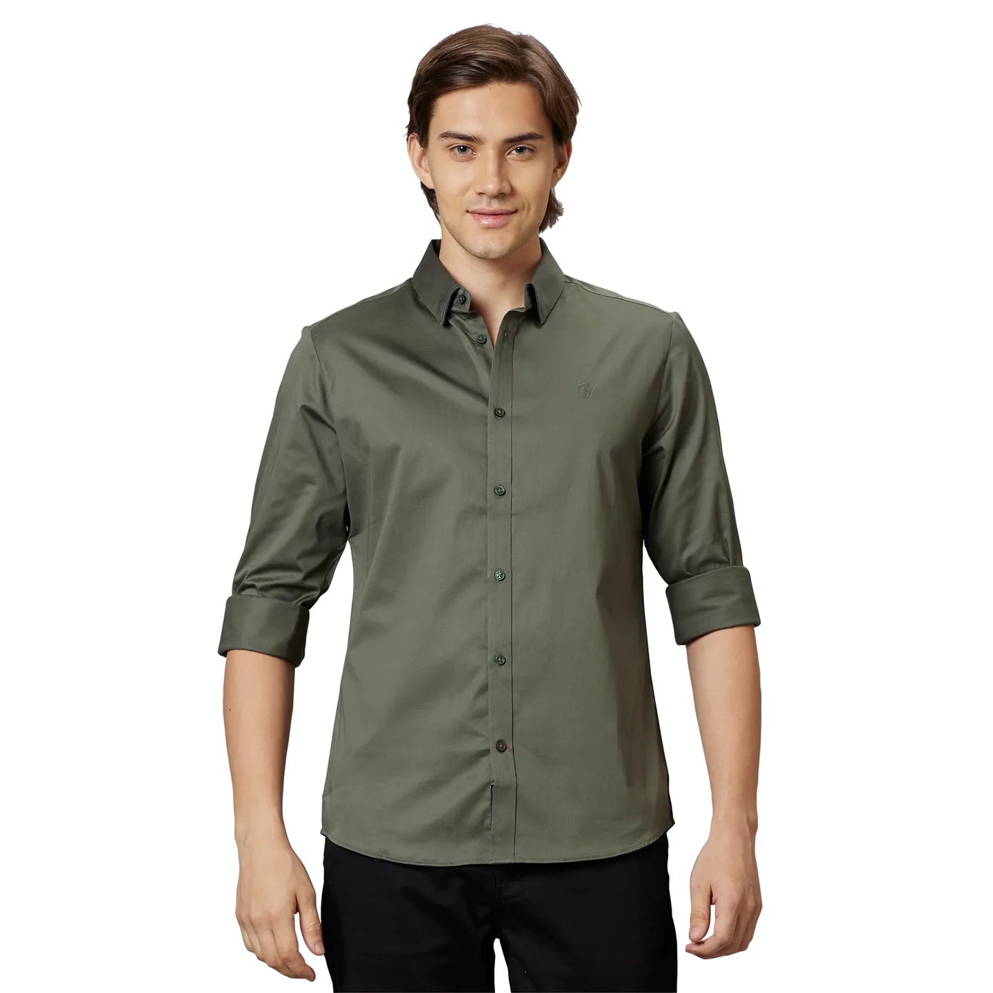 Green Slim Straight Fit Regular Collar Long Sleeves Cotton Men's Shirt by Being Human Clothing