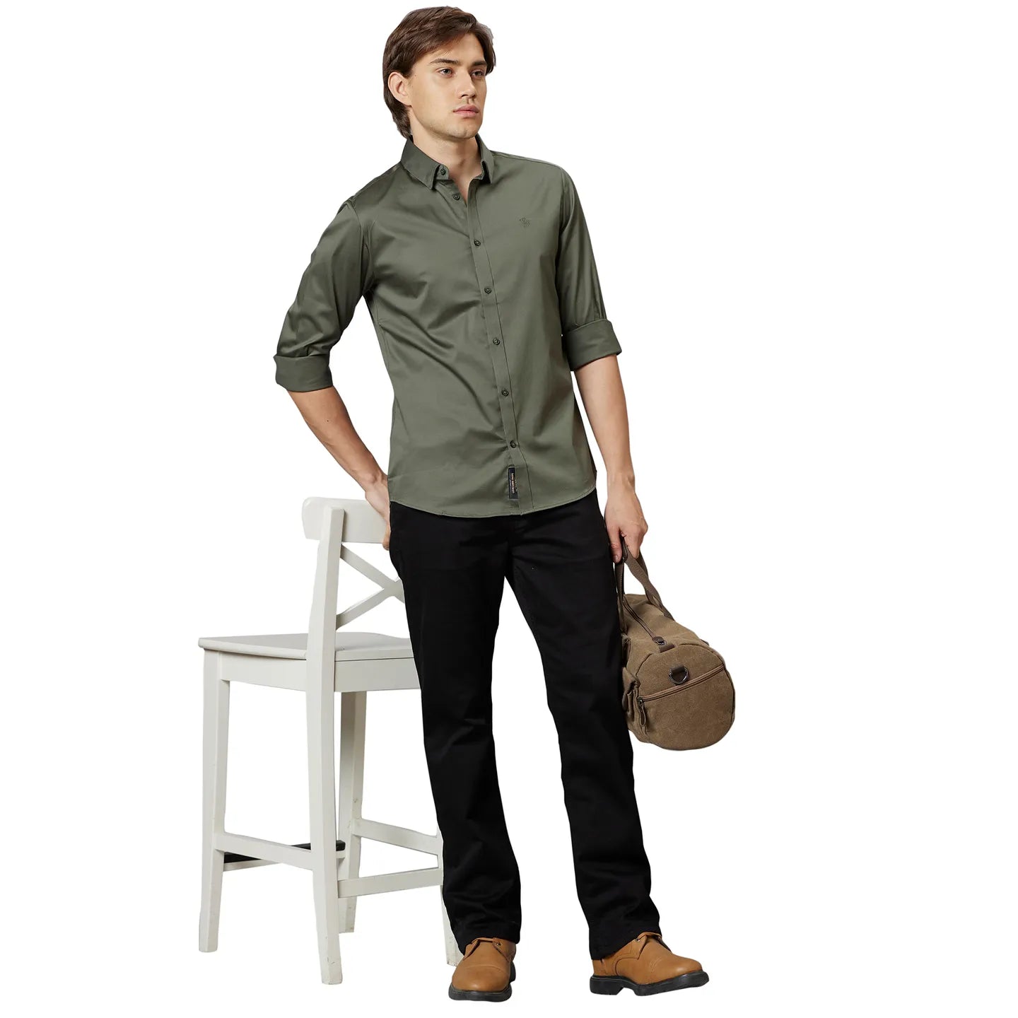 Green Slim Straight Fit Regular Collar Long Sleeves Cotton Men's Shirt by Being Human Clothing