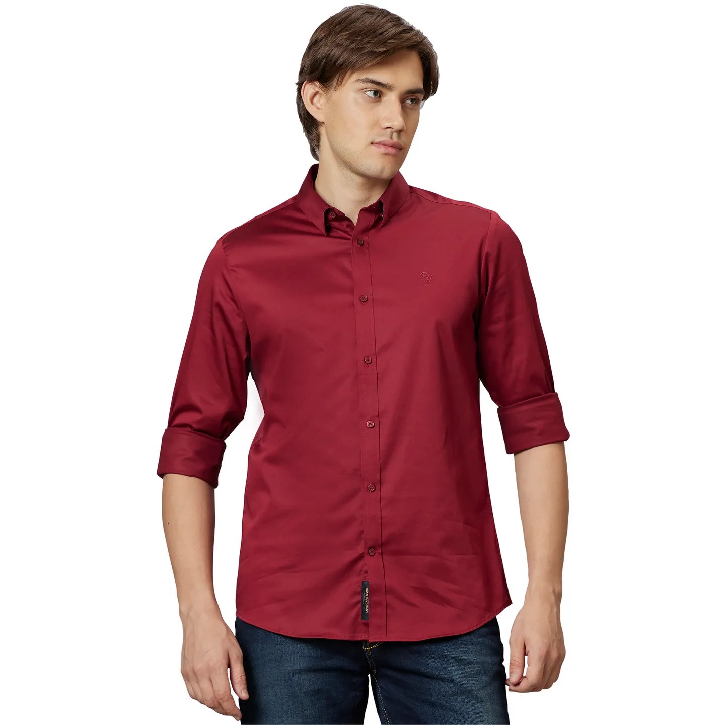 Red Slim Fit Regular Collar Men's Shirt by Being Human Clothing