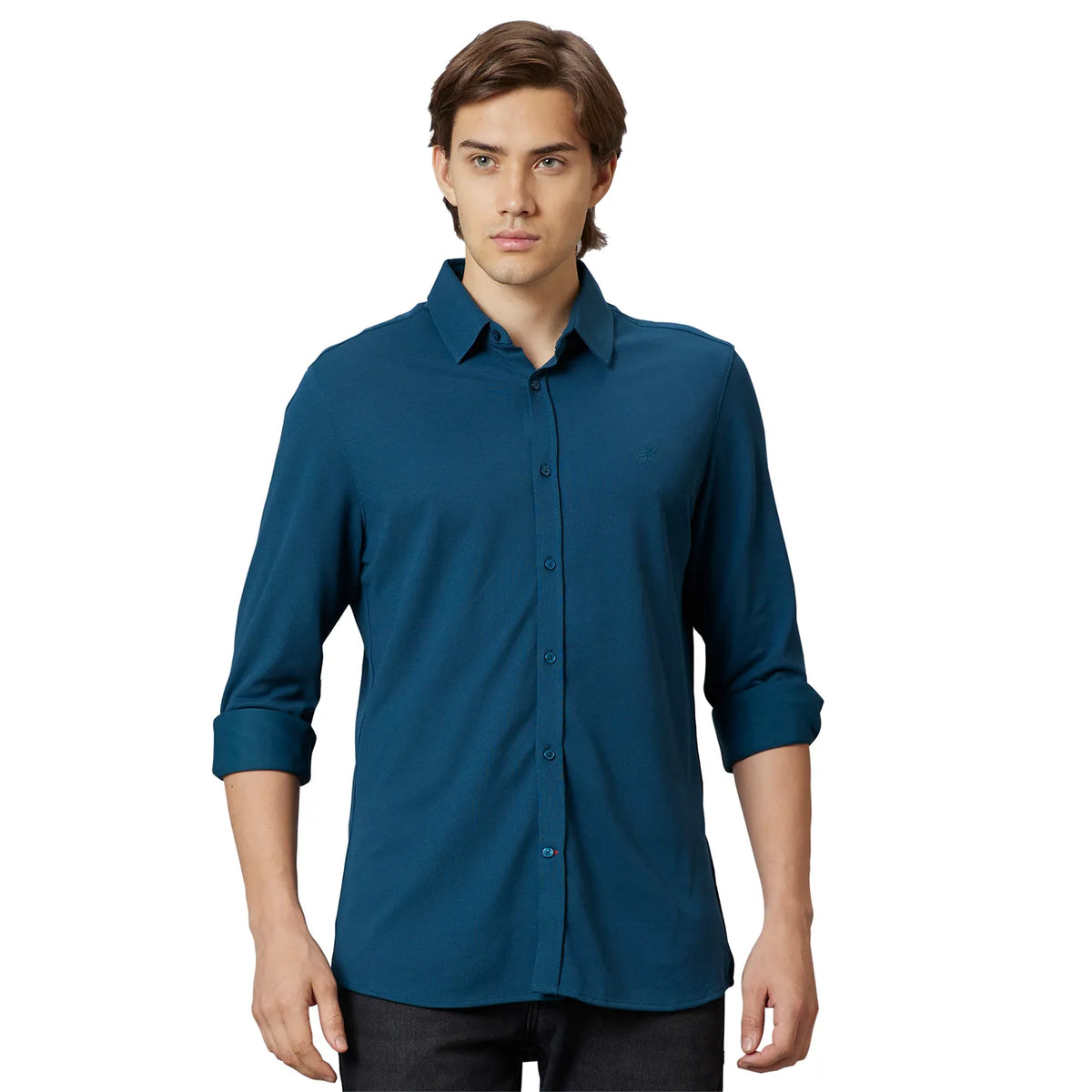 Green Slim Straight Fit Regular Collar Long Sleeves Cotton Men's Shirt