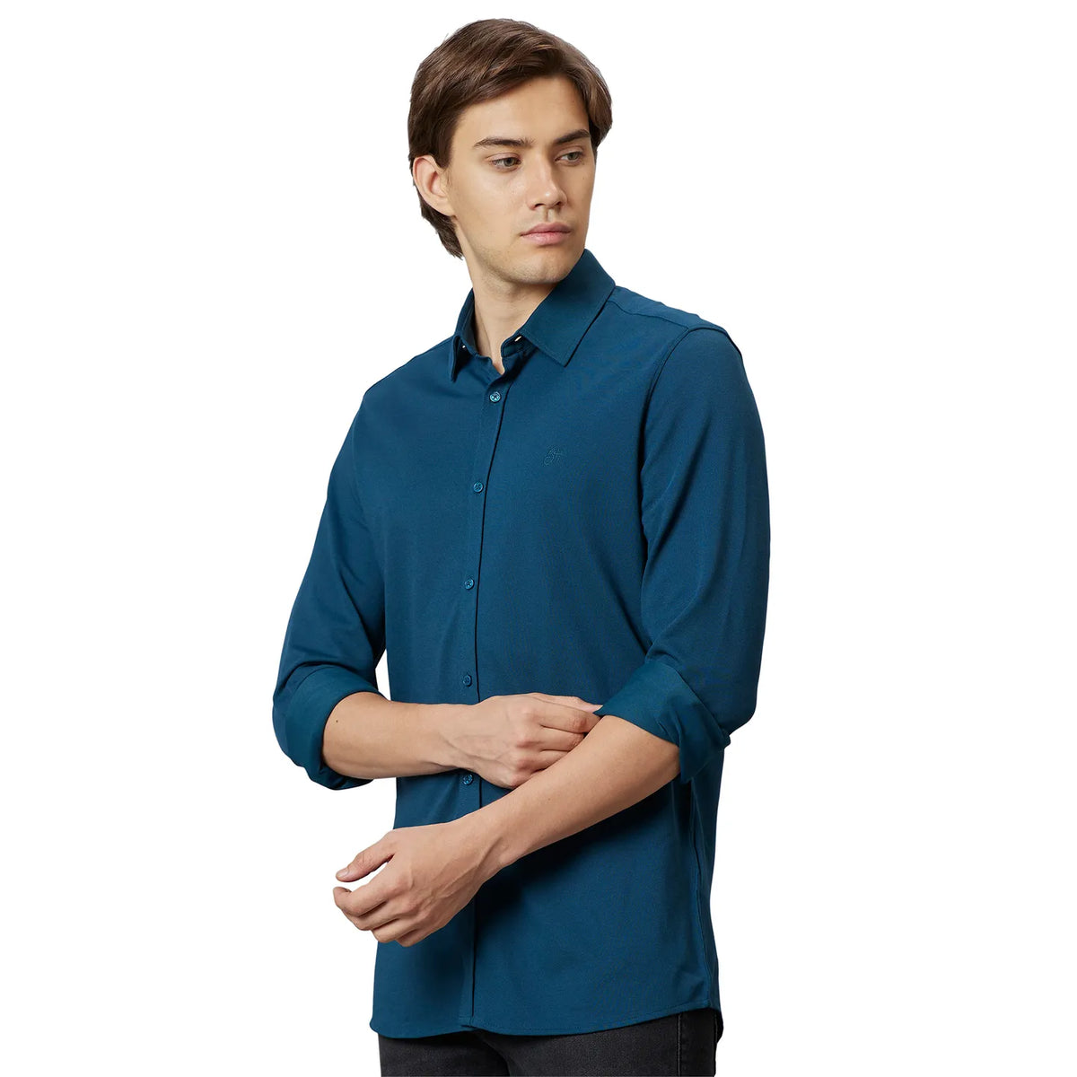 Green Slim Straight Fit Regular Collar Long Sleeves Cotton Men's Shirt