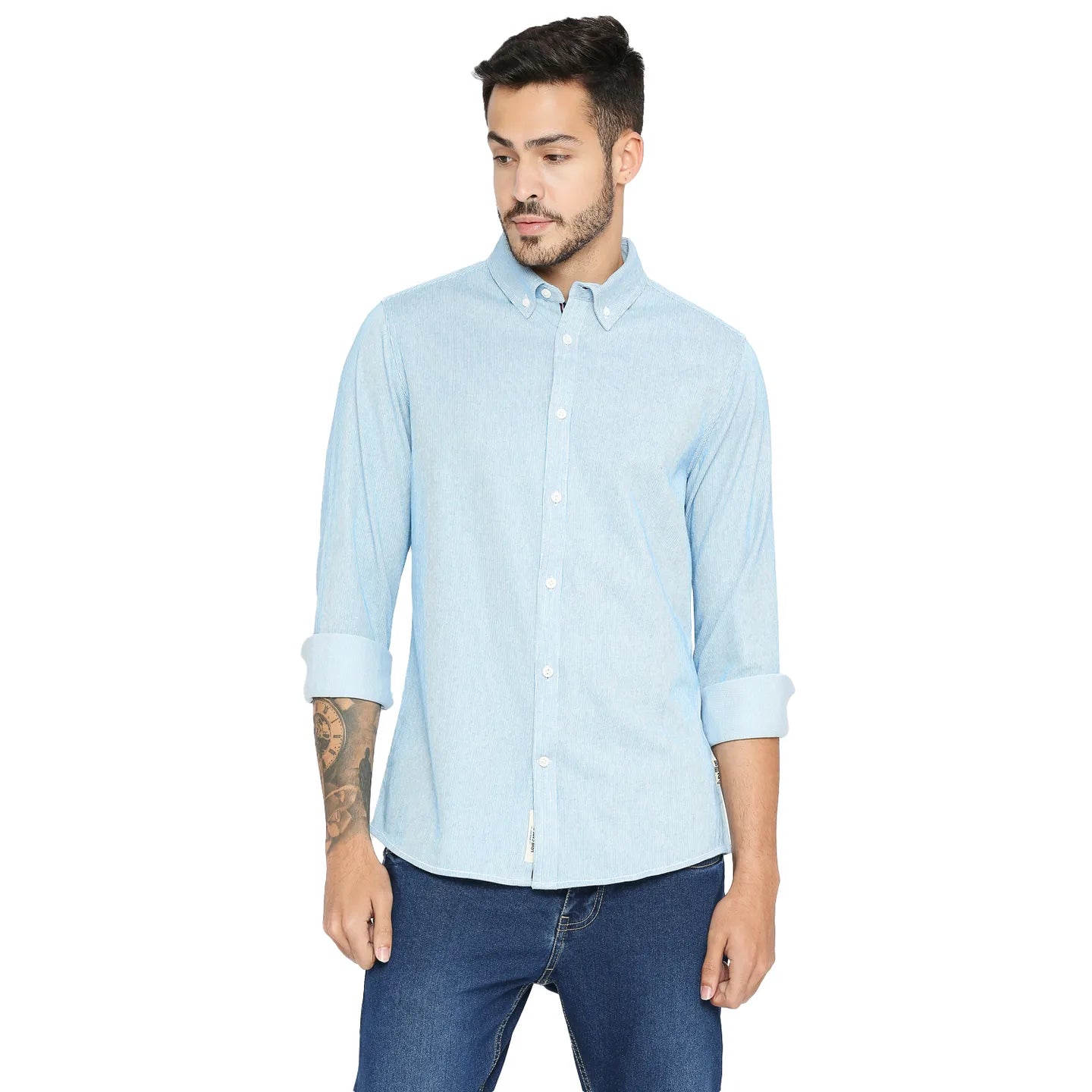 Blue Slim Straight Fit Regular Collar Long Sleeves Cotton Men's Shirt by Being Human Clothing