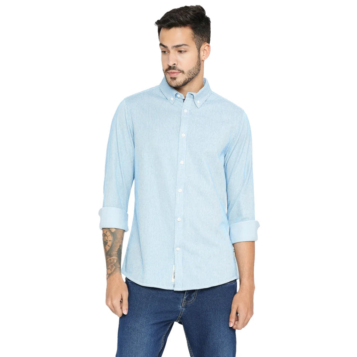 Blue Slim Straight Fit Regular Collar Long Sleeves Cotton Men's Shirt by Being Human Clothing