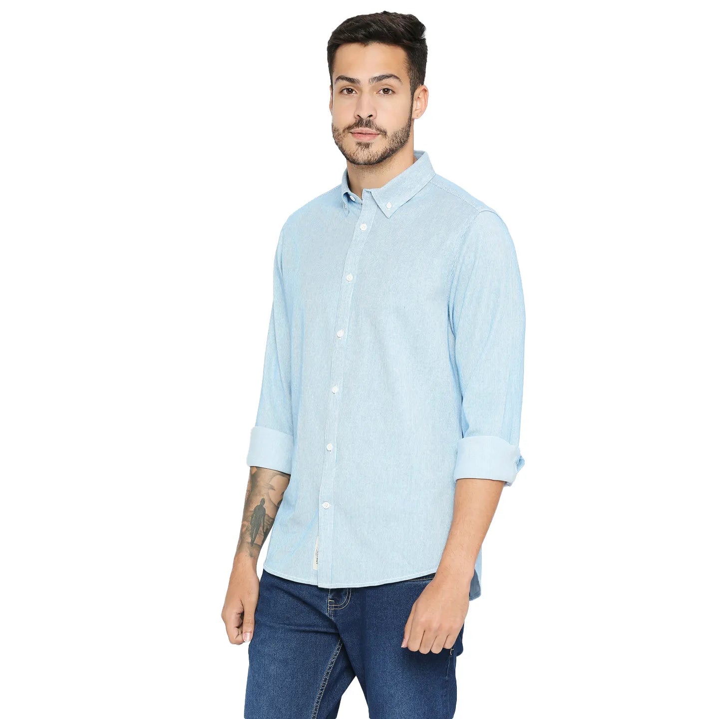 Blue Slim Straight Fit Regular Collar Long Sleeves Cotton Men's Shirt by Being Human Clothing