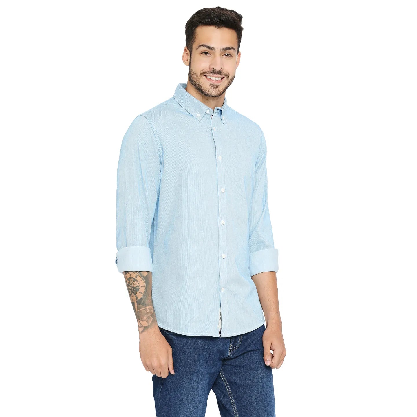 Blue Slim Straight Fit Regular Collar Long Sleeves Cotton Men's Shirt by Being Human Clothing