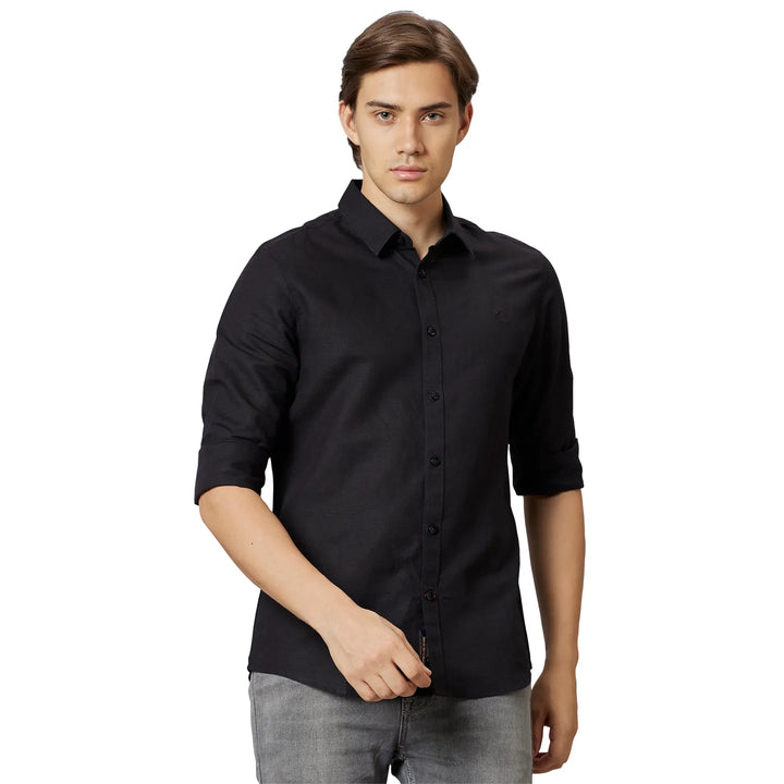 Black Slim Straight Fit Regular Collar Long Sleeves Cotton Men's Shirt by Being Human Clothing