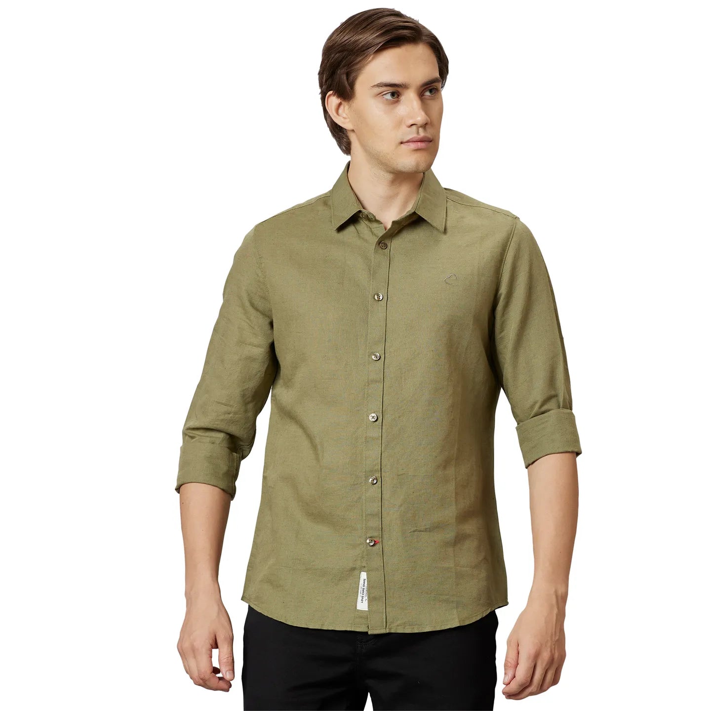 Olive Slim Straight Fit Regular Collar Long Sleeves Cotton Men's Shirt by Being Human Clothing