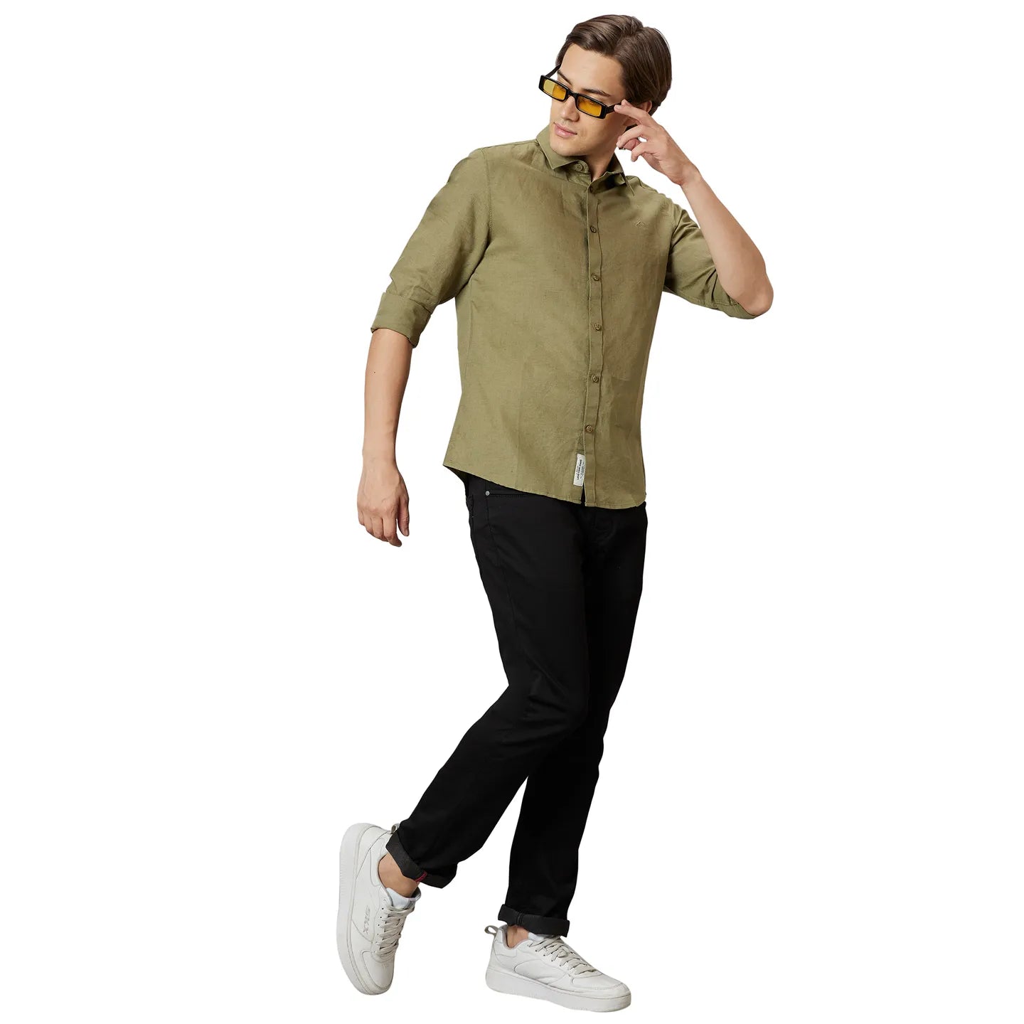 Olive Slim Straight Fit Regular Collar Long Sleeves Cotton Men's Shirt by Being Human Clothing