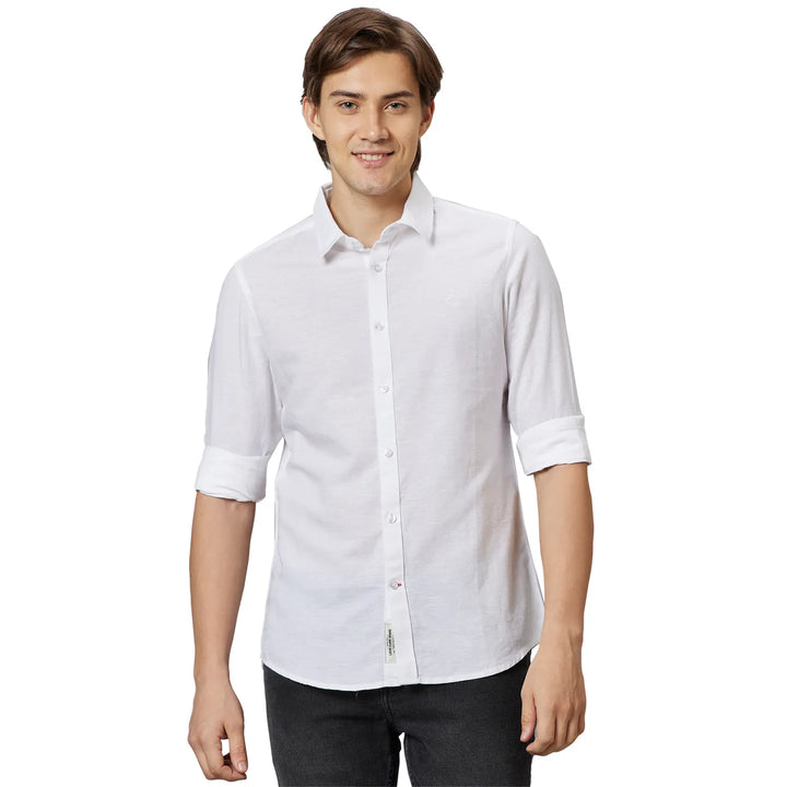 White Slim Straight Fit Regular Collar Long Sleeves Cotton Men's Shirt by Being Human Clothing