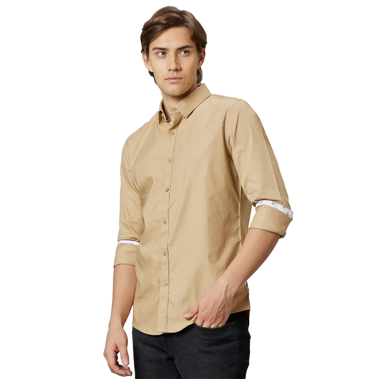 Beige Super Slim Fit Regular Collar Mens' Shirt by Being Human Clothing