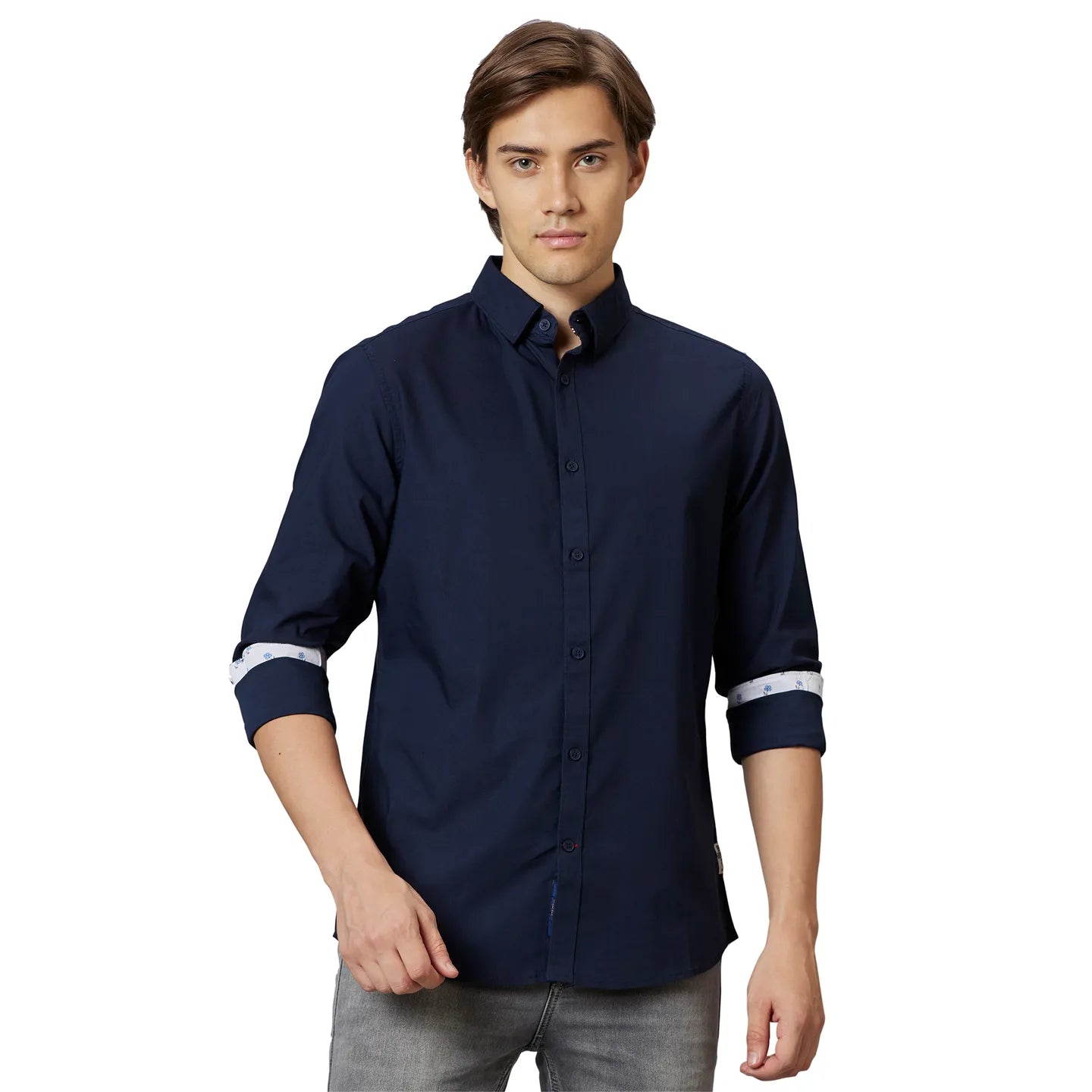 Blue Slim Straight Fit Regular Collar Long Sleeves Cotton Men's Shirt by Being Human Clothing