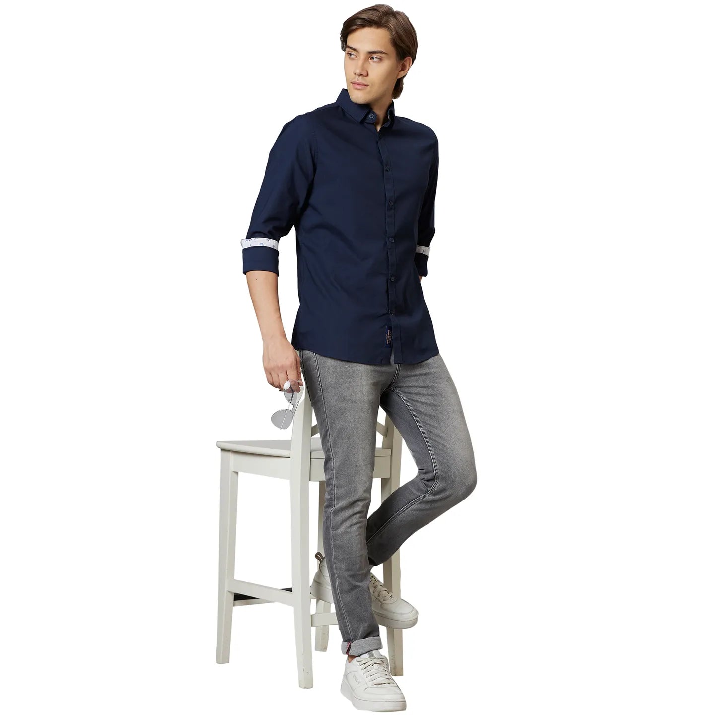 Blue Slim Straight Fit Regular Collar Long Sleeves Cotton Men's Shirt by Being Human Clothing