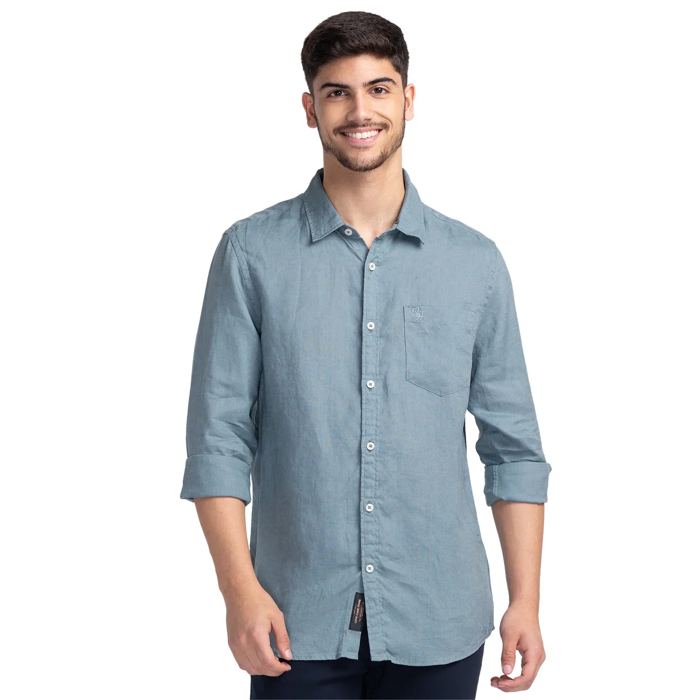 Grey Slim Straight Fit Regular Collar Long Sleeves LINEN Men's Shirt by Being Human Clothing