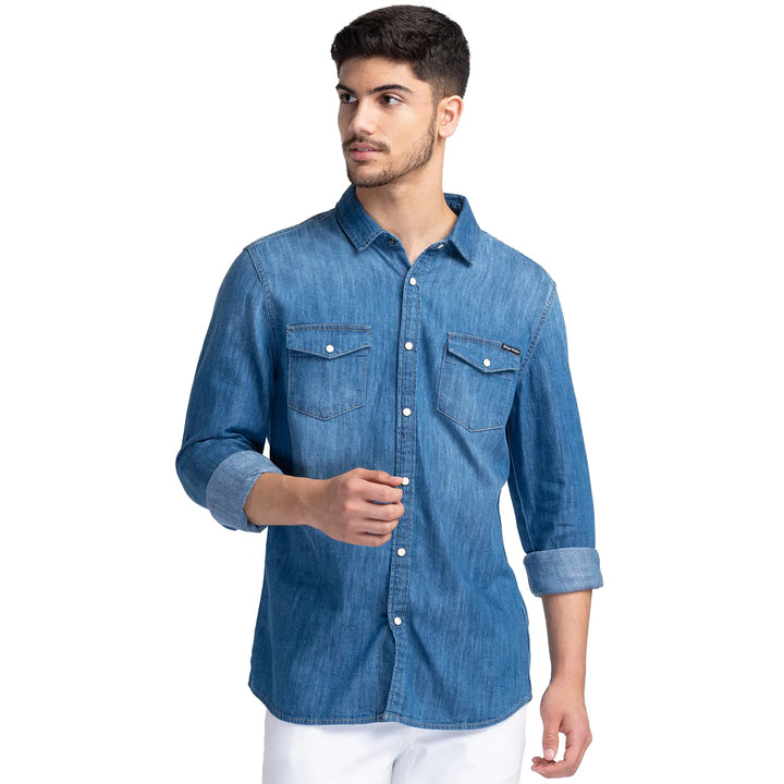 Blue Slim Straight Fit Regular Collar Long Sleeves Cotton Men's Shirt by Being Human Clothing