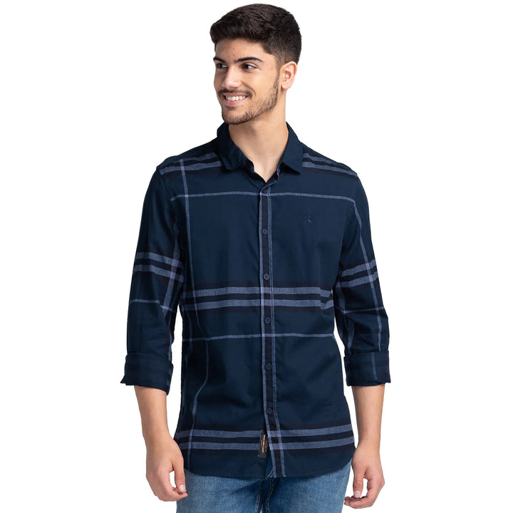 Blue Slim Straight Fit Regular Collar Long Sleeves Cotton Men's Shirt by Being Human Clothing