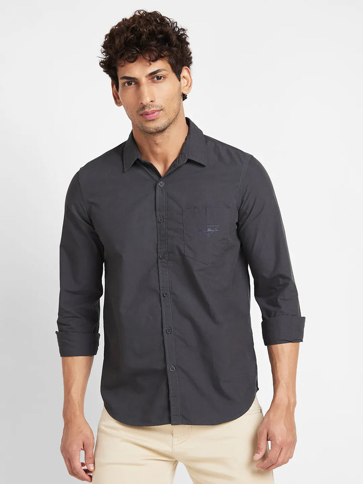 Dark Grey Slim Fit Regular Collar Men's Shirt by Being Human Clothing