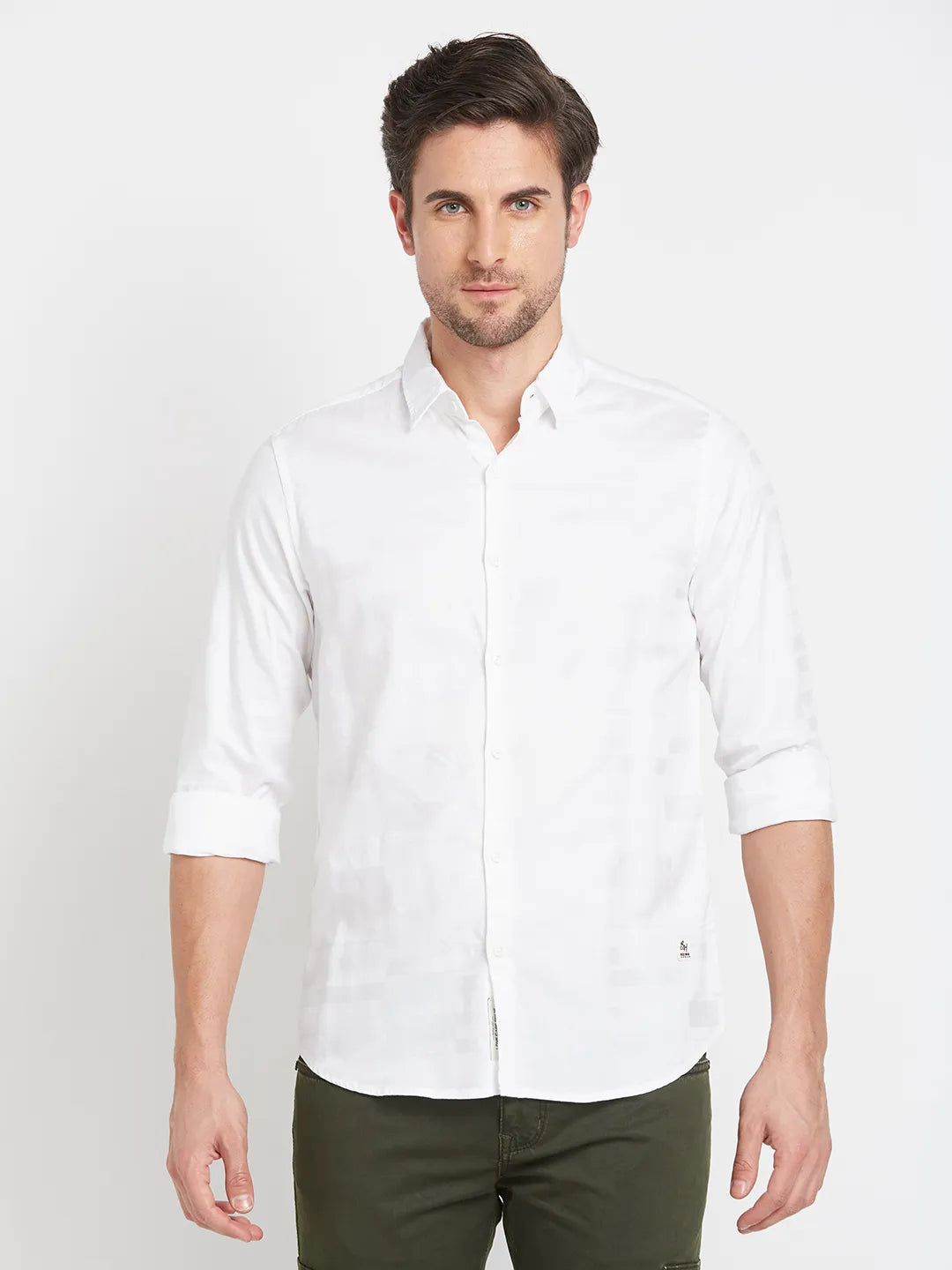 White Slim Straight Fit Regular Collar Long Sleeves Men's Shirt by Being Human Clothing