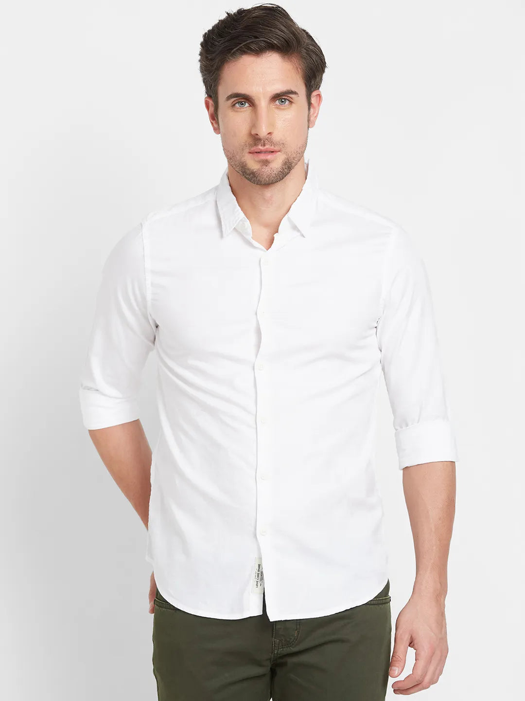 White Slim Straight Fit Regular Collar Long Sleeves Men's Shirt by Being Human Clothing
