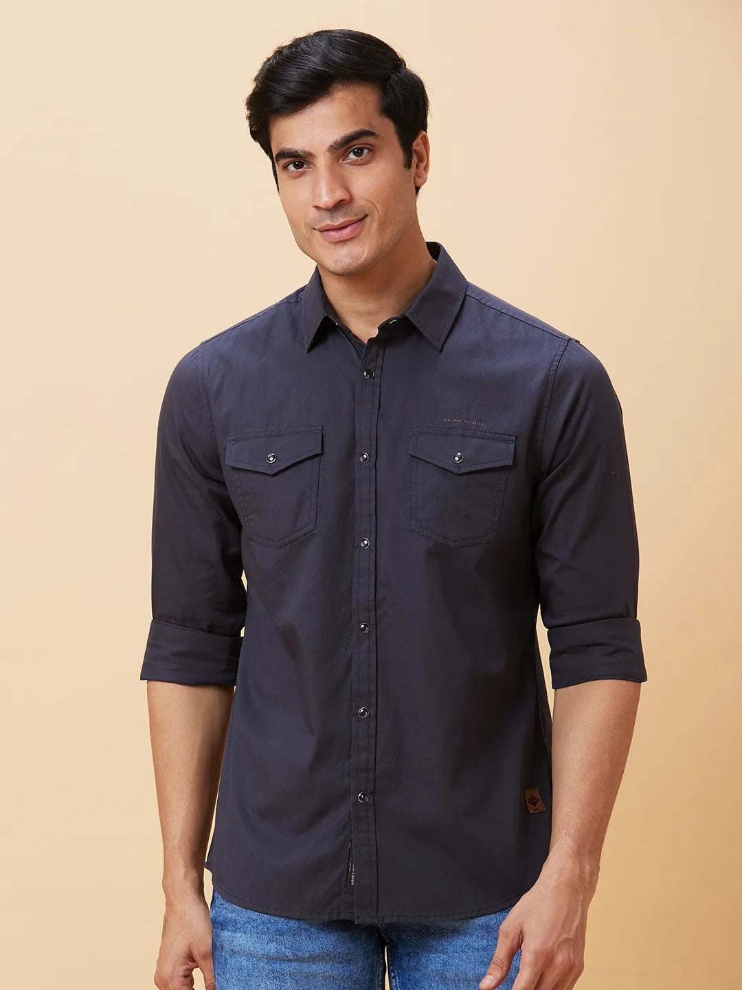 Grey Slim Straight Fit Regular Collar Long Sleeves Men's Shirt by Being Human Clothing