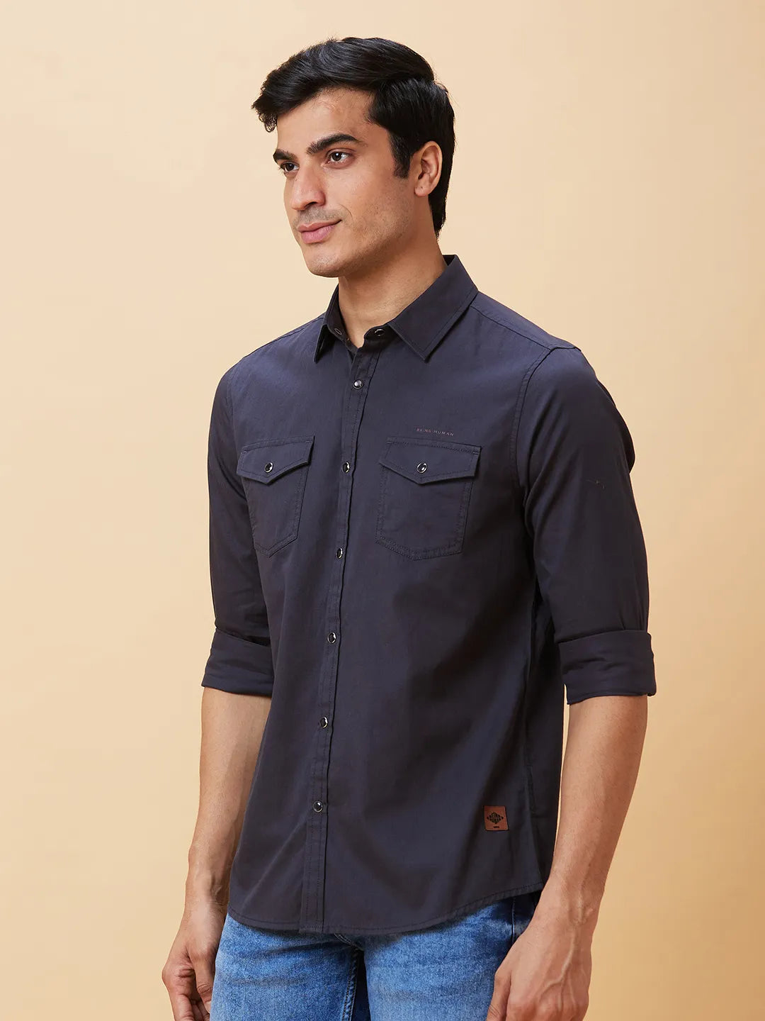 Grey Slim Straight Fit Regular Collar Long Sleeves Men's Shirt by Being Human Clothing