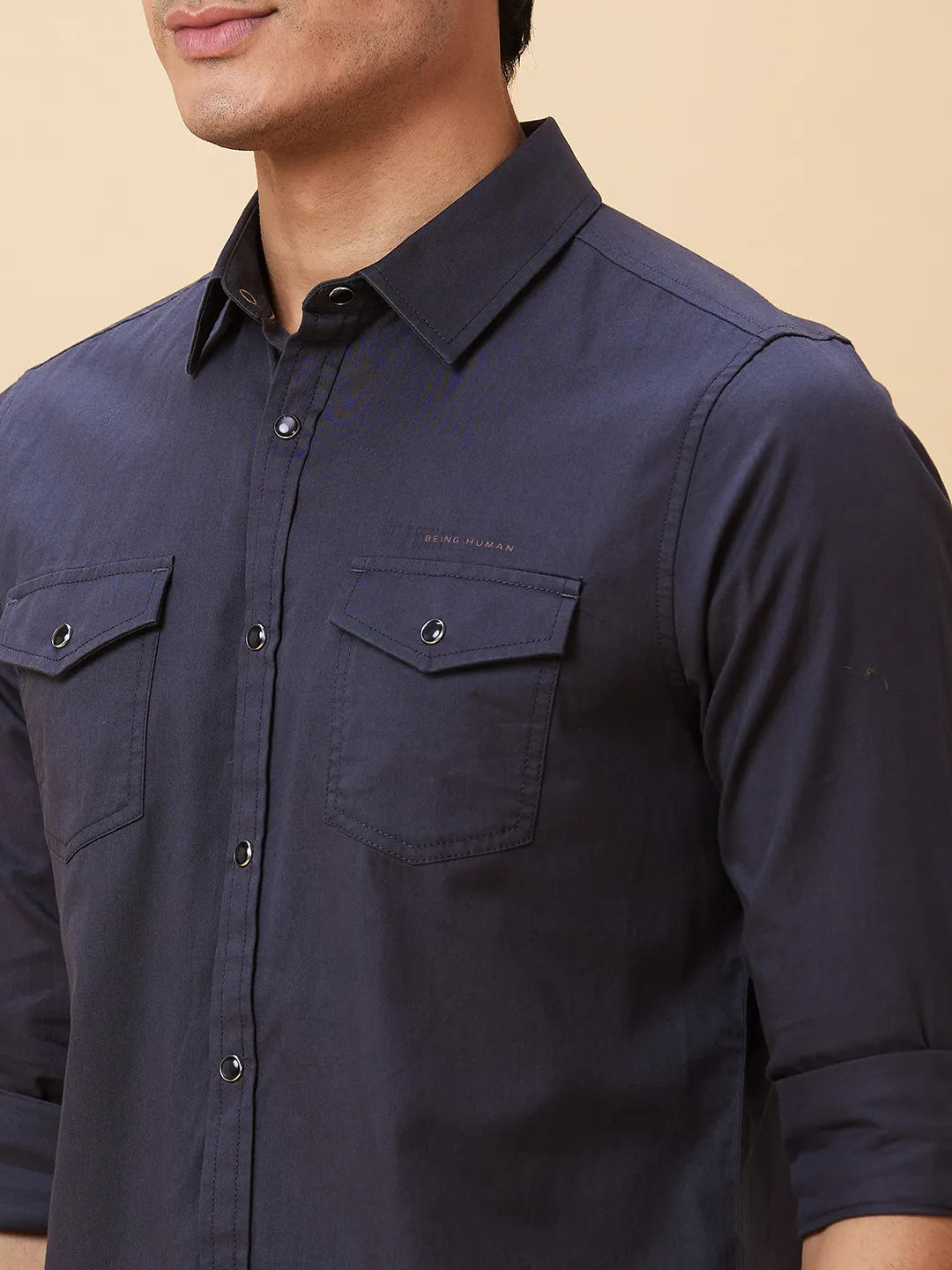 Grey Slim Straight Fit Regular Collar Long Sleeves Men's Shirt by Being Human Clothing