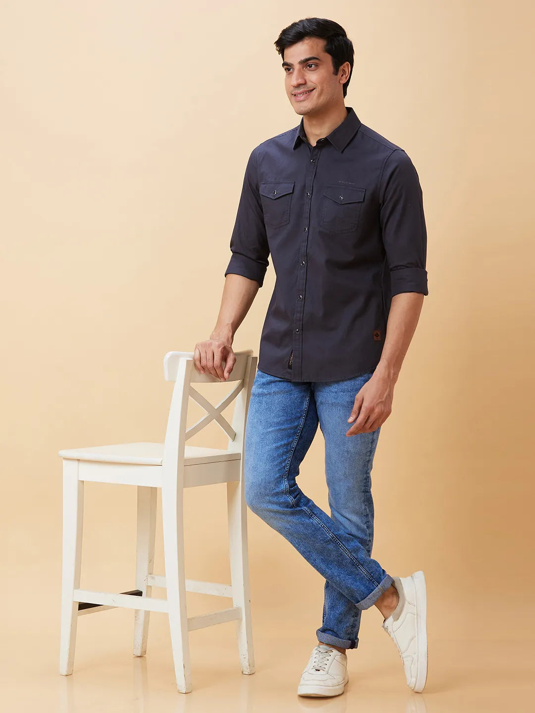 Grey Slim Straight Fit Regular Collar Long Sleeves Men's Shirt by Being Human Clothing