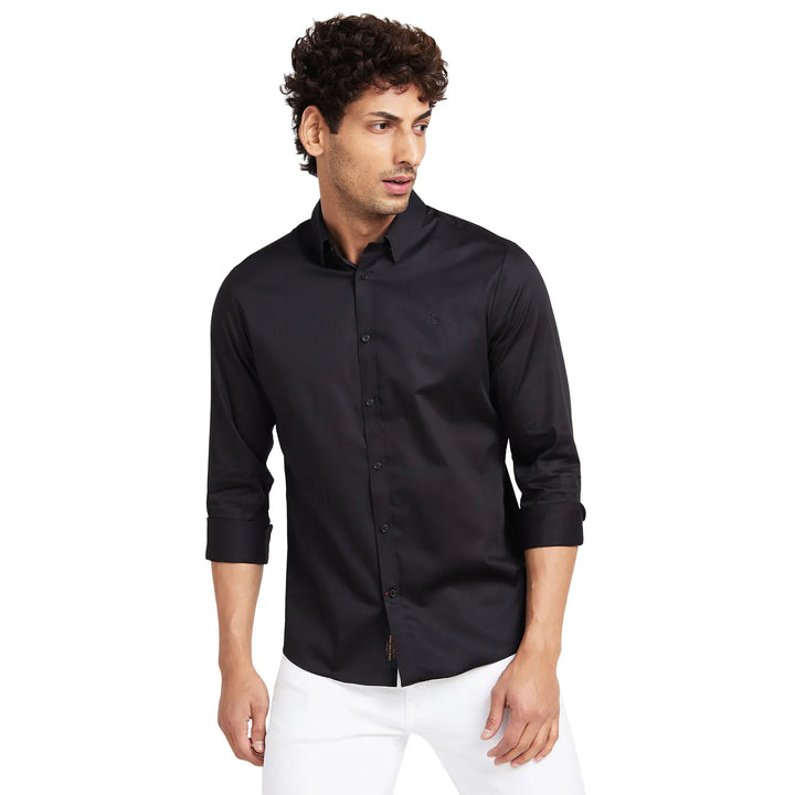 Black Slim Fit Regular Collar Men's Shirt by Being Human Clothing