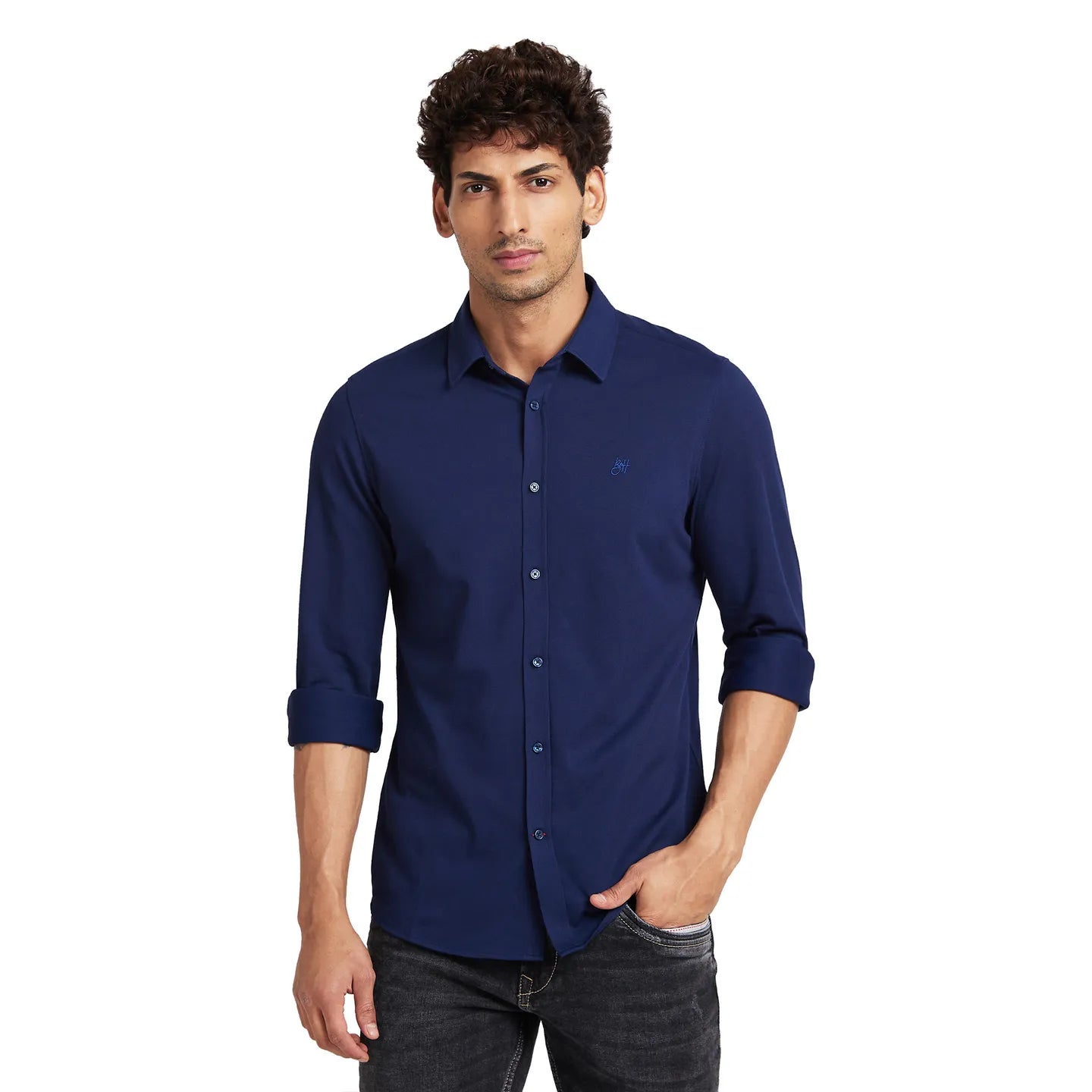 Blue Slim Straight Fit Regular Collar Long Sleeves Men's Shirt by Being Human Clothing