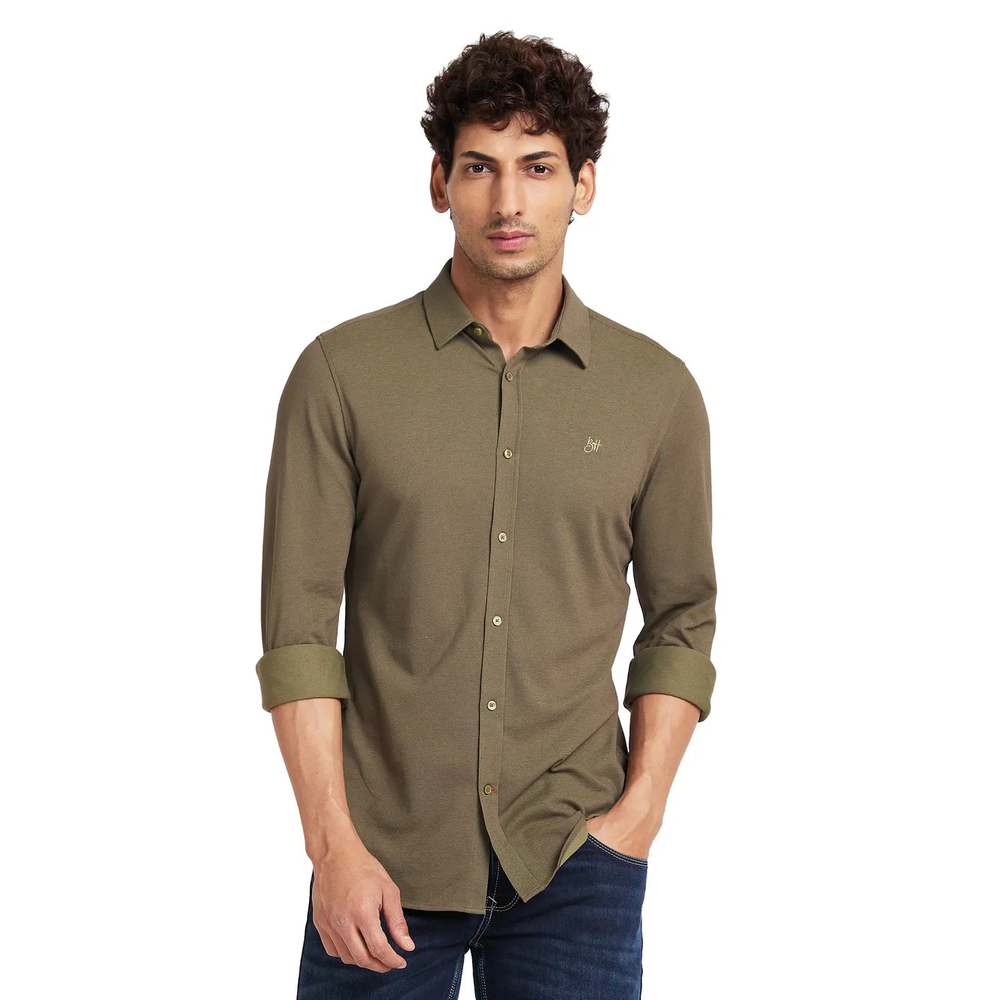 Olive Slim Fit Regular Collar Men's Shirt by Being Human Clothing